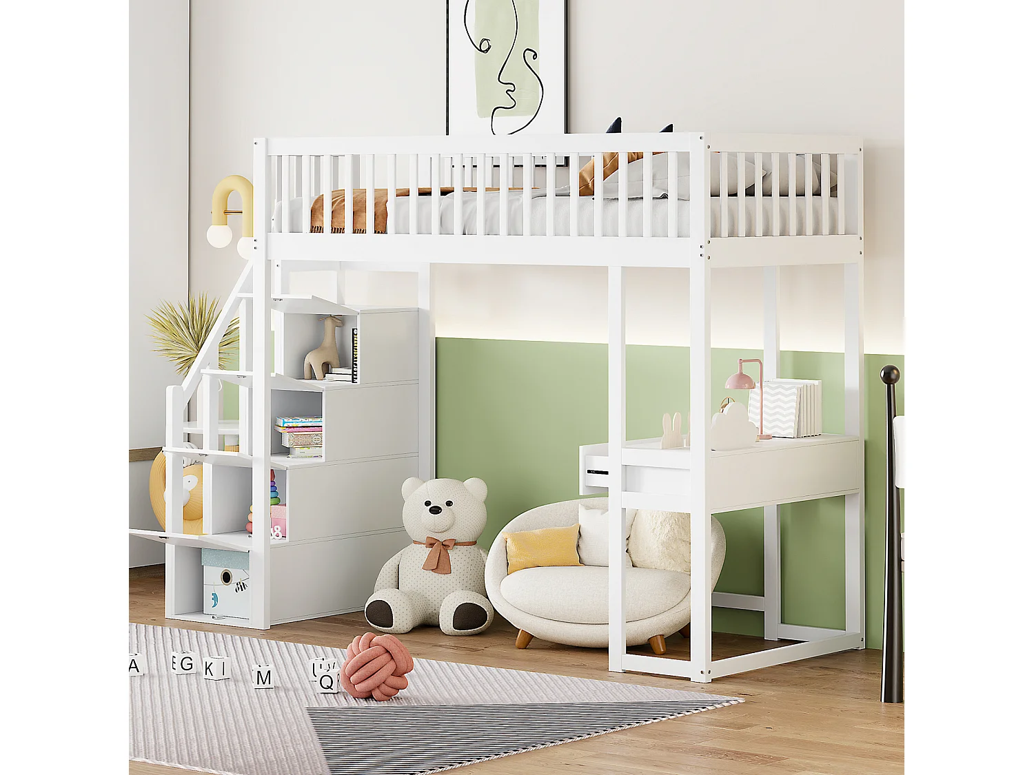 Lit mezzanine - 90x200 cm - avec table, escalier de rangement sécurisé, cadre de lit en bois de pin massif pour enfants et adolescents blanc