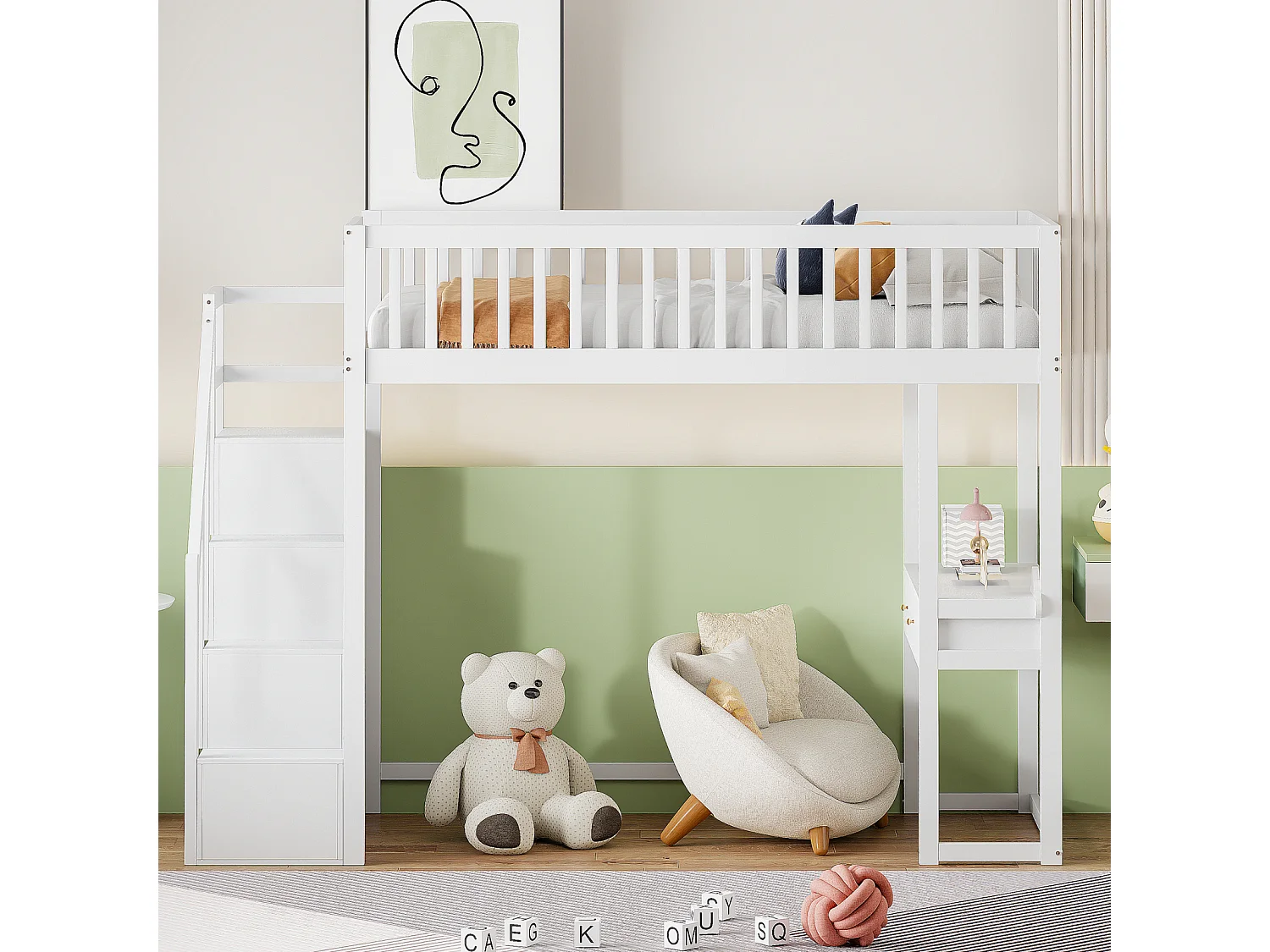 Lit mezzanine - 90x200 cm - avec table, escalier de rangement sécurisé, cadre de lit en bois de pin massif pour enfants et adolescents blanc