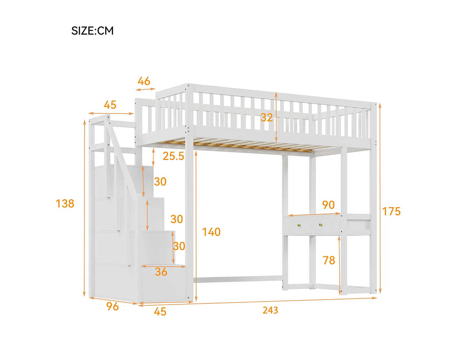 Lit mezzanine - 90x200 cm - avec table, escalier de rangement sécurisé, cadre de lit en bois de pin massif pour enfants et adolescents blanc