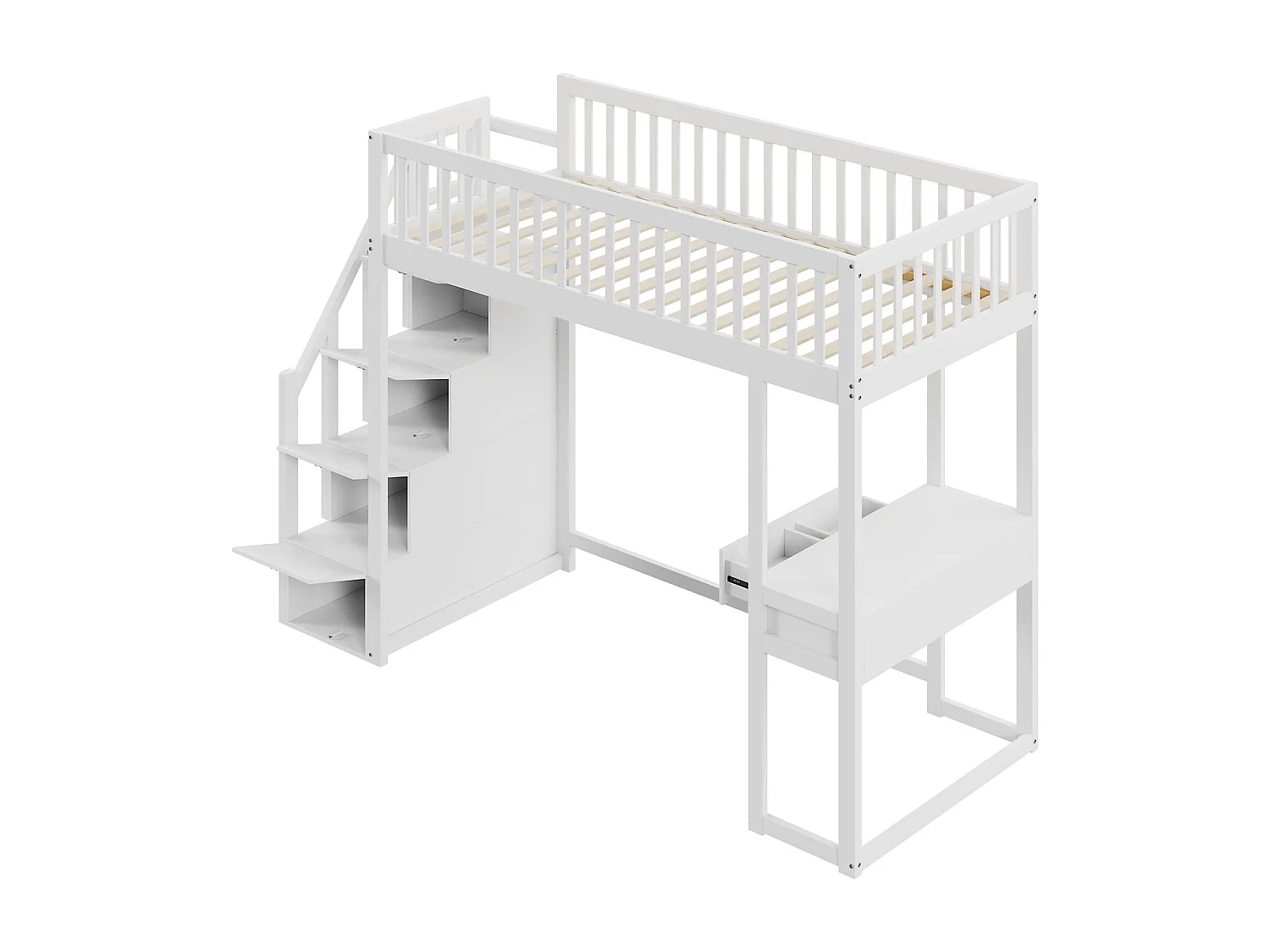 Lit mezzanine - 90x200 cm - avec table, escalier de rangement sécurisé, cadre de lit en bois de pin massif pour enfants et adolescents blanc