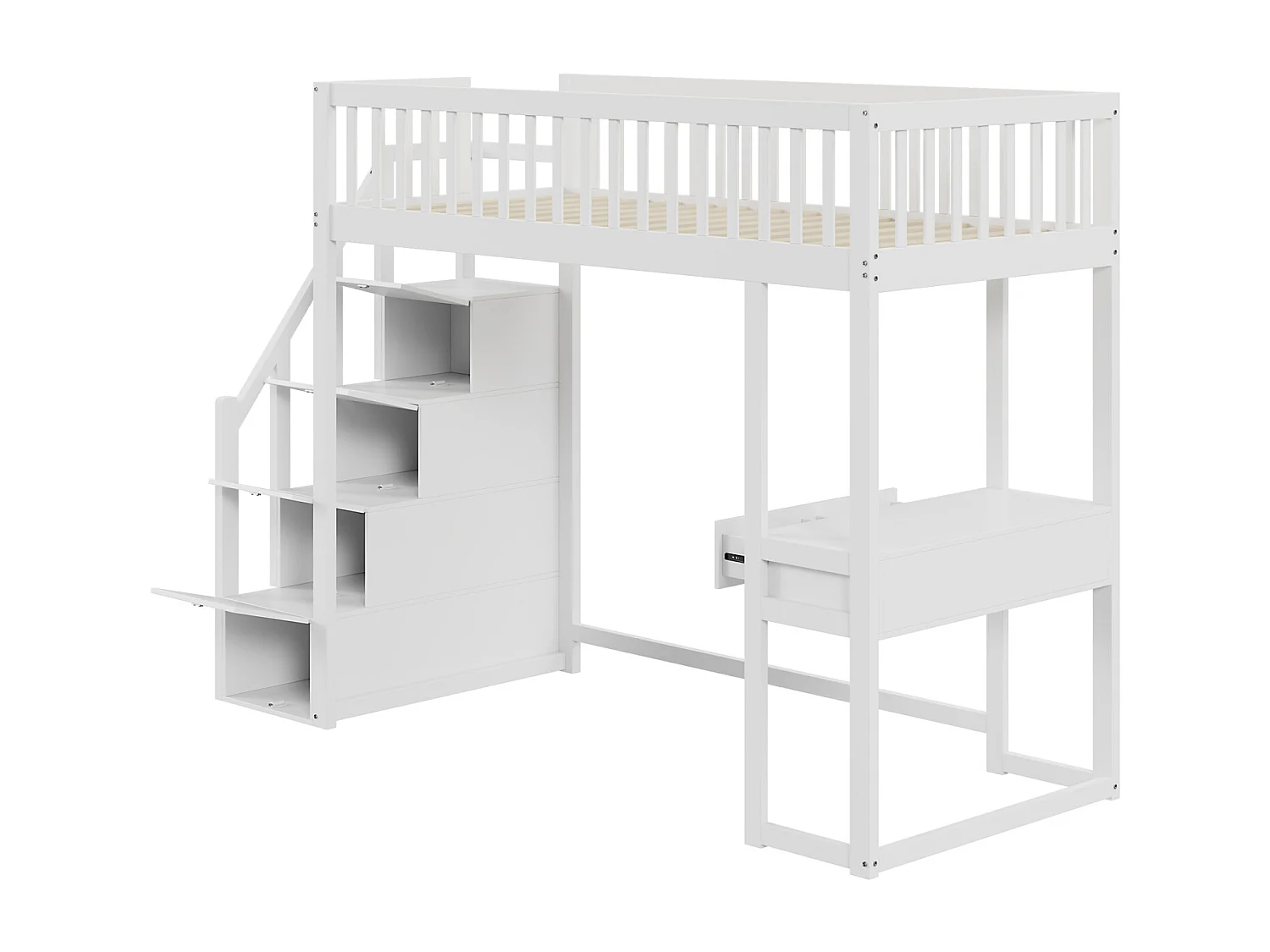 Lit mezzanine - 90x200 cm - avec table, escalier de rangement sécurisé, cadre de lit en bois de pin massif pour enfants et adolescents blanc