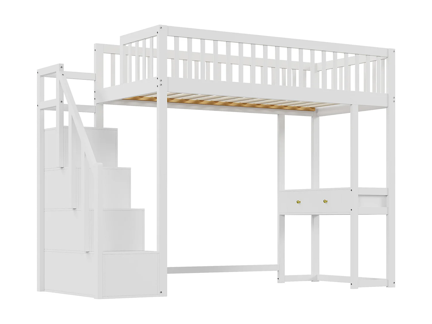 Lit mezzanine - 90x200 cm - avec table, escalier de rangement sécurisé, cadre de lit en bois de pin massif pour enfants et adolescents blanc