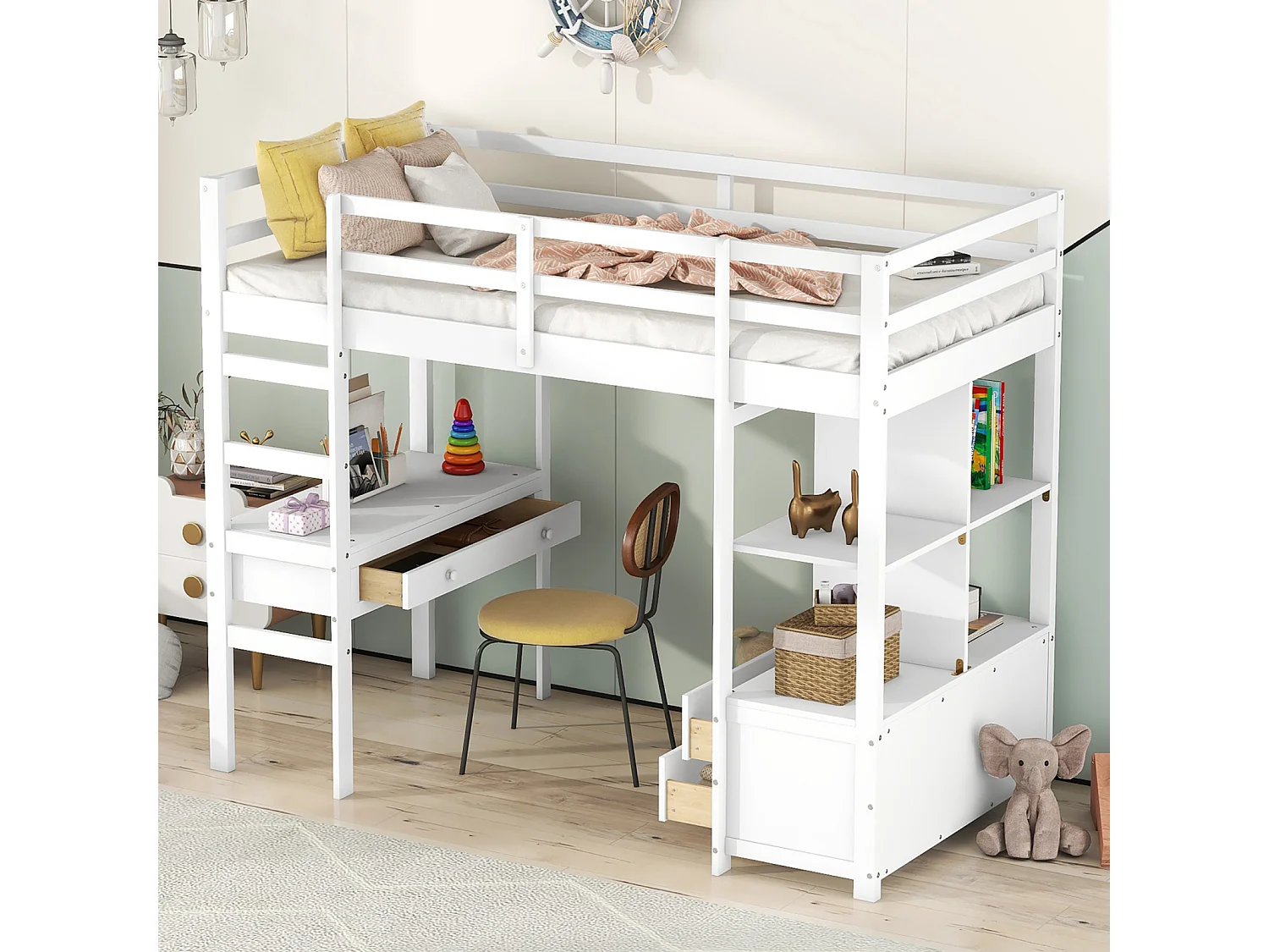 Lit mezzanine 90x200cm pour enfant - lit surélevé avec tiroirs de rangement, bureau et bibliothèque de rangement sous le lit - blanc