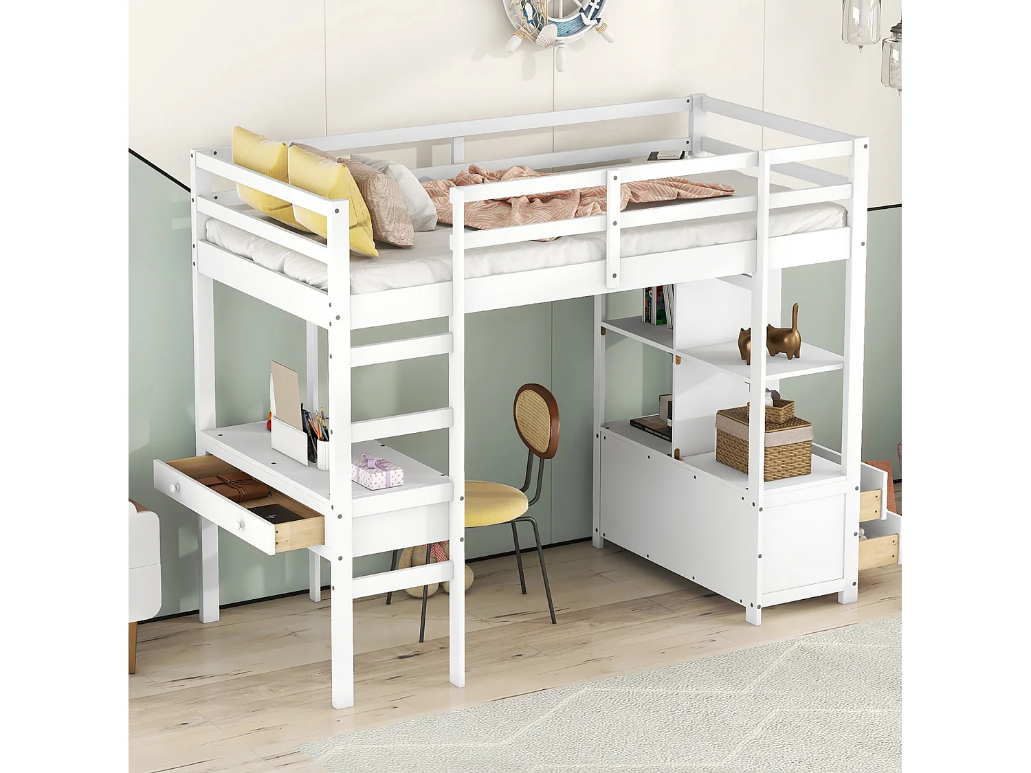 Lit mezzanine 90x200cm pour enfant - lit surélevé avec tiroirs de rangement, bureau et bibliothèque de rangement sous le lit - blanc