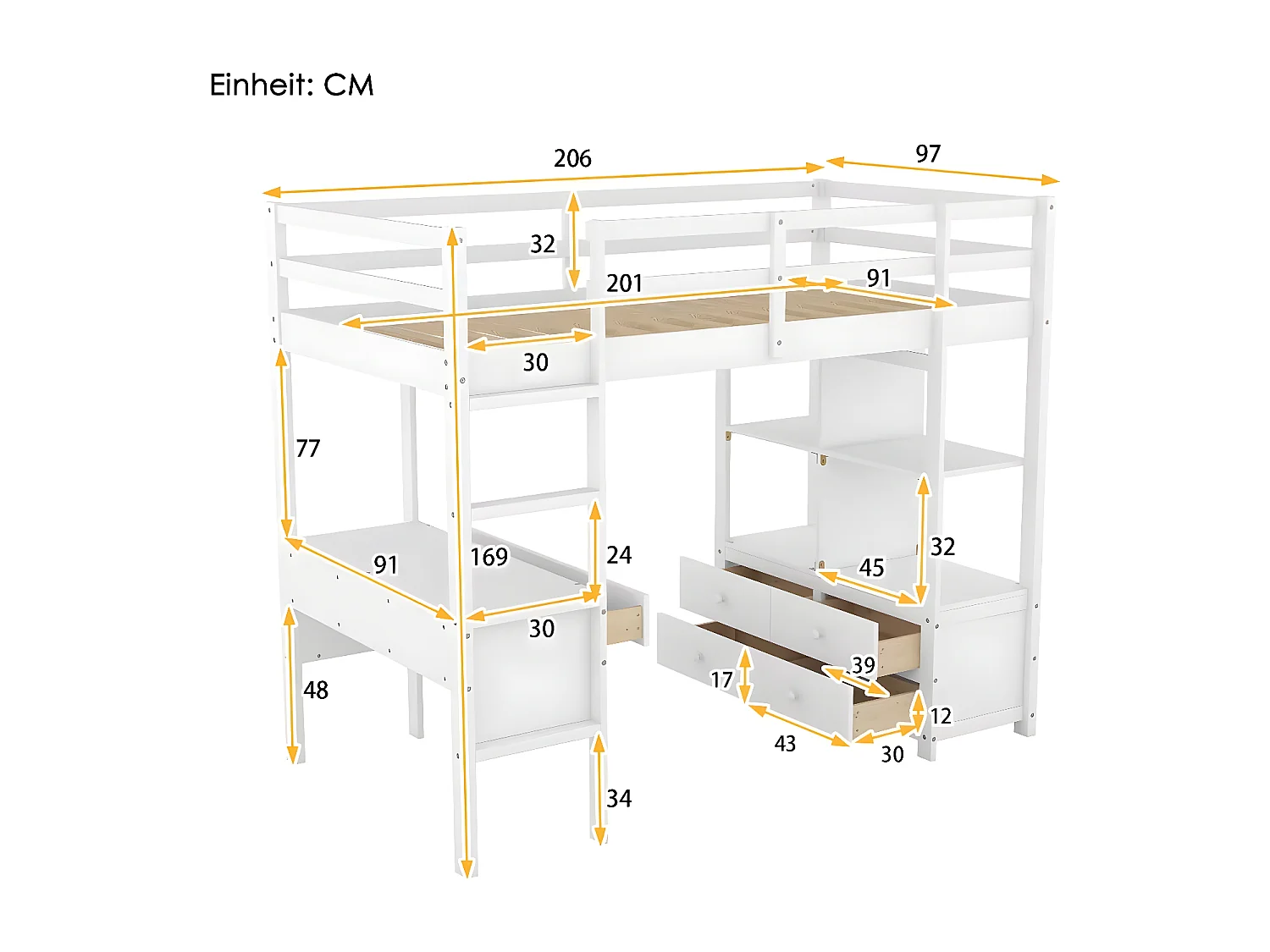Lit mezzanine 90x200cm pour enfant - lit surélevé avec tiroirs de rangement, bureau et bibliothèque de rangement sous le lit - blanc