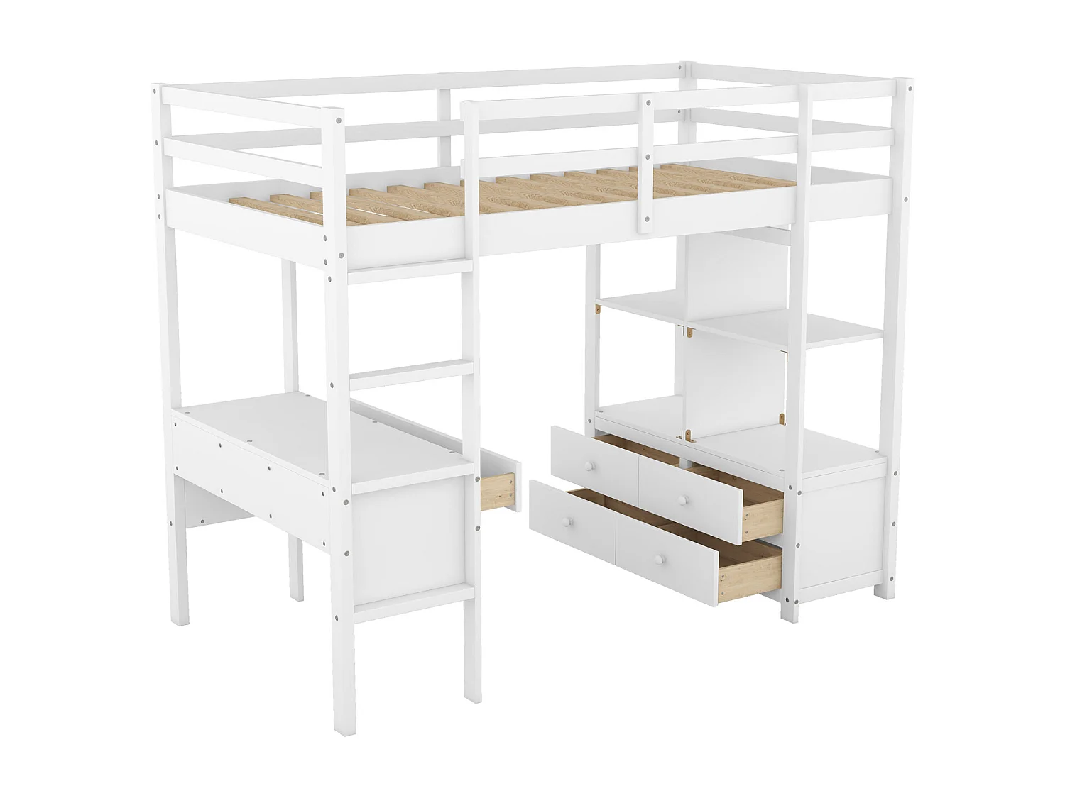 Lit mezzanine 90x200cm pour enfant - lit surélevé avec tiroirs de rangement, bureau et bibliothèque de rangement sous le lit - blanc