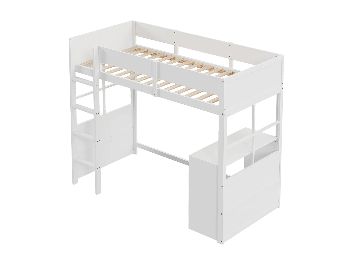 90*200cm Houten Hoogslaper, Veiligheidstrap, met Tafel, Hoog Hekontwerp, Eenpersoonsbed, Babybed, Wit