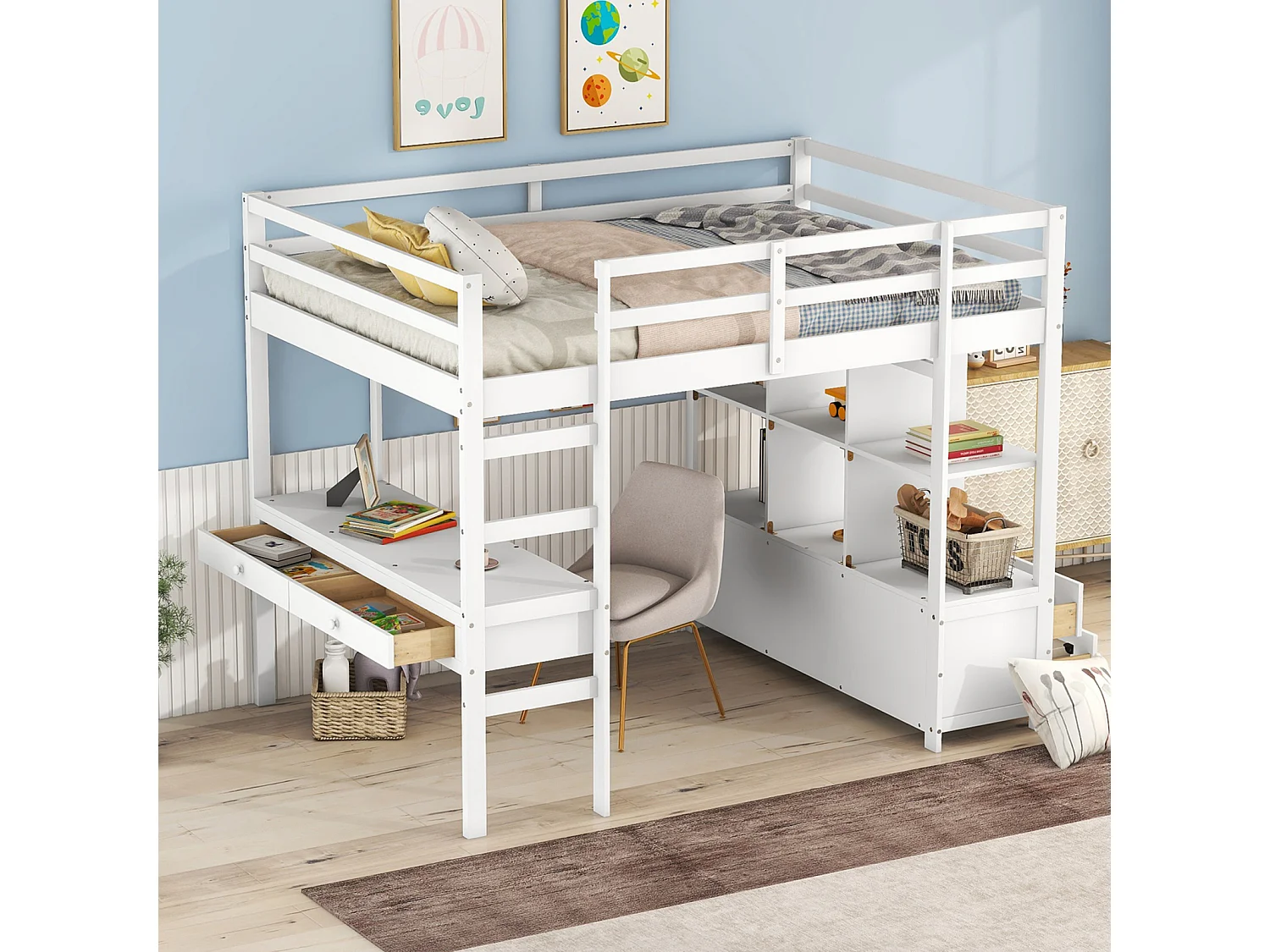 Cama alta de 140x200 cm para crianças - cama elevada com gavetas de arrumação, secretária e estante de arrumação por baixo da cama - branco