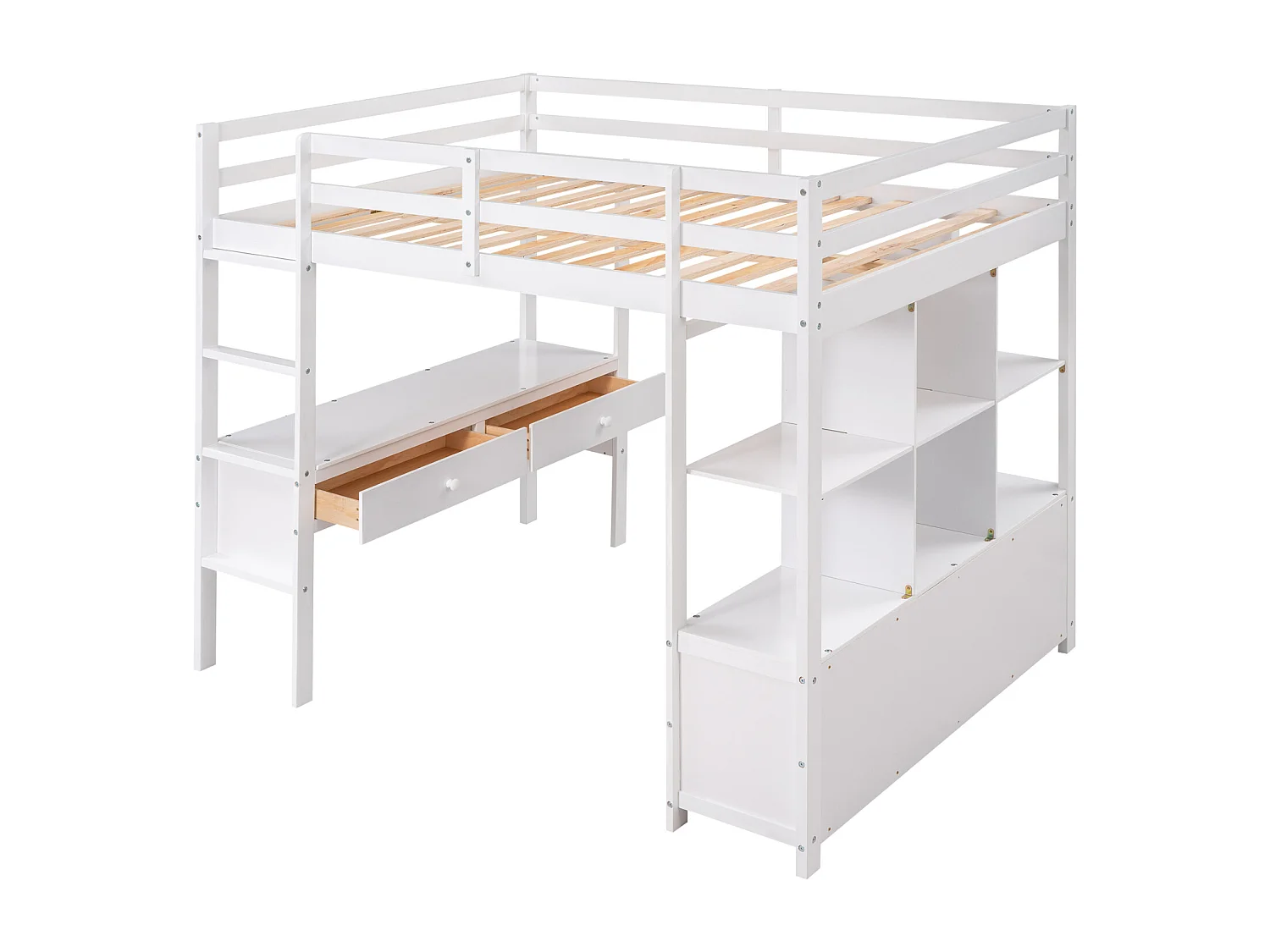 Cama alta de 140x200 cm para crianças - cama elevada com gavetas de arrumação, secretária e estante de arrumação por baixo da cama - branco