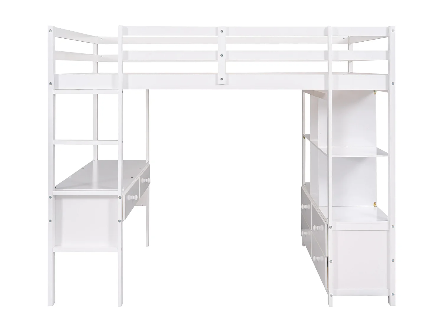 Cama alta de 140x200 cm para crianças - cama elevada com gavetas de arrumação, secretária e estante de arrumação por baixo da cama - branco
