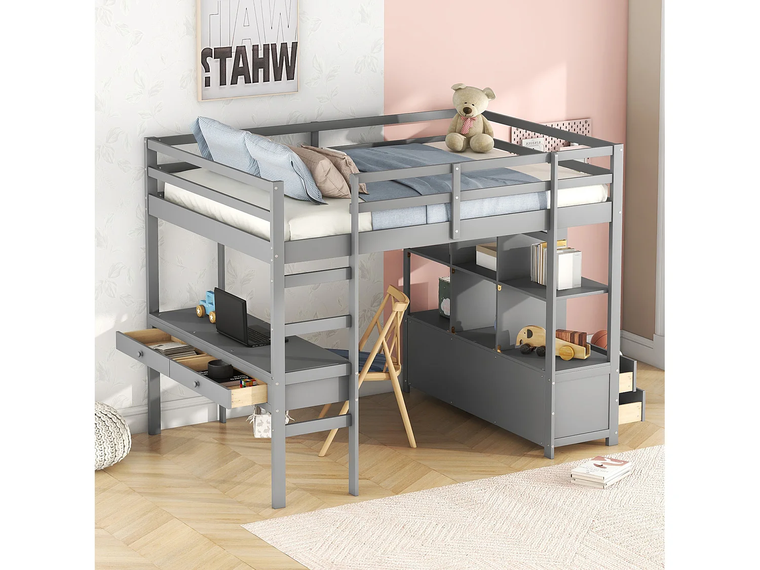 Hoogslaper voor kinderen 140x200cm - verhoogd bed met opberglades, bureau en opbergboekenkast onder het bed - grijs