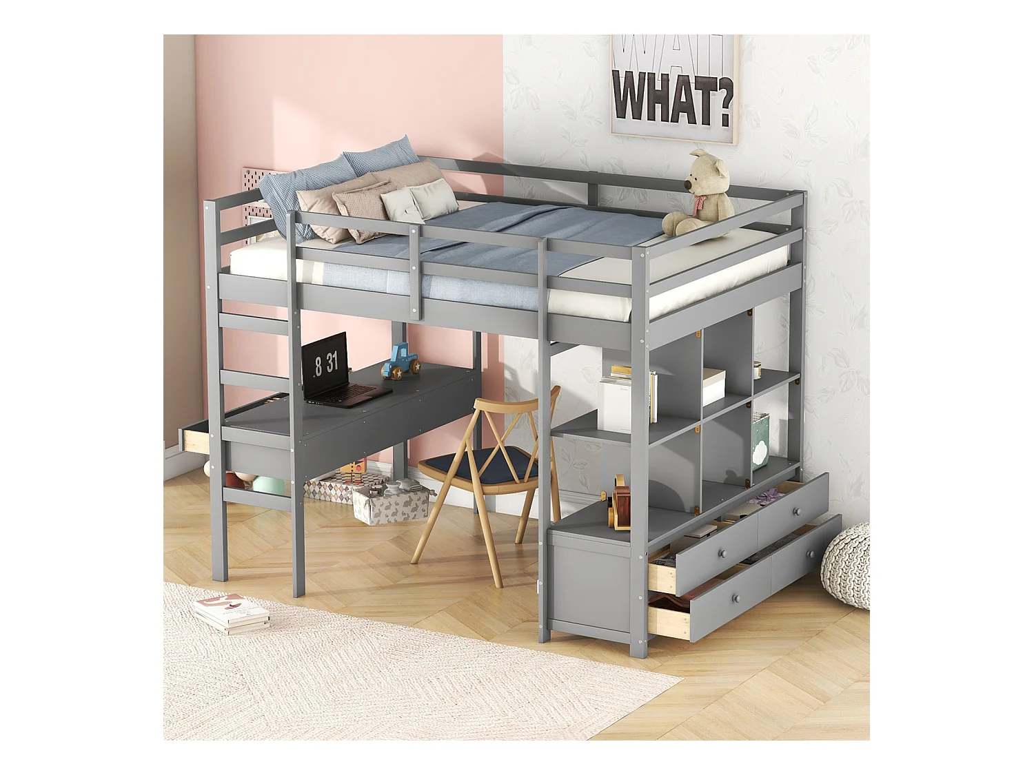 Hoogslaper voor kinderen 140x200cm - verhoogd bed met opberglades, bureau en opbergboekenkast onder het bed - grijs