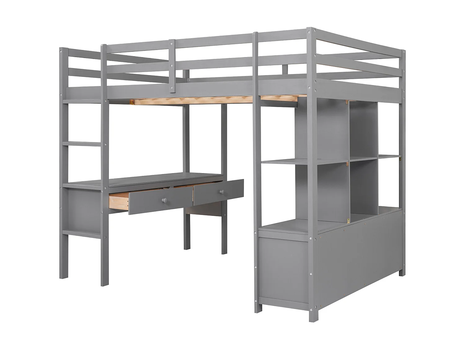 Cama alta de 140x200 cm para crianças - cama elevada com gavetas de arrumação, secretária e estante de arrumação por baixo da cama - cinzento