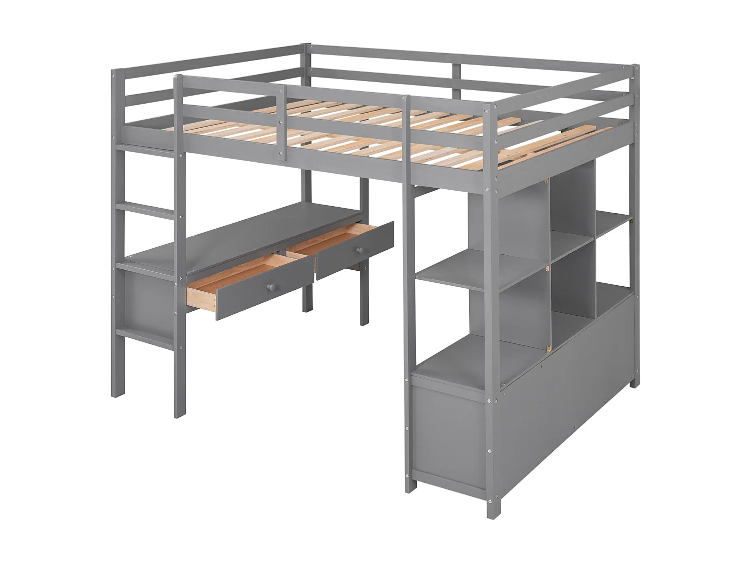 Cama alta de 140x200 cm para crianças - cama elevada com gavetas de arrumação, secretária e estante de arrumação por baixo da cama - cinzento