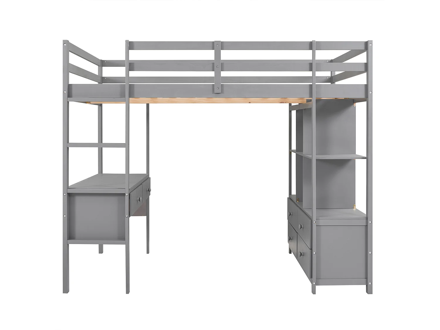 Cama alta de 140x200 cm para crianças - cama elevada com gavetas de arrumação, secretária e estante de arrumação por baixo da cama - cinzento