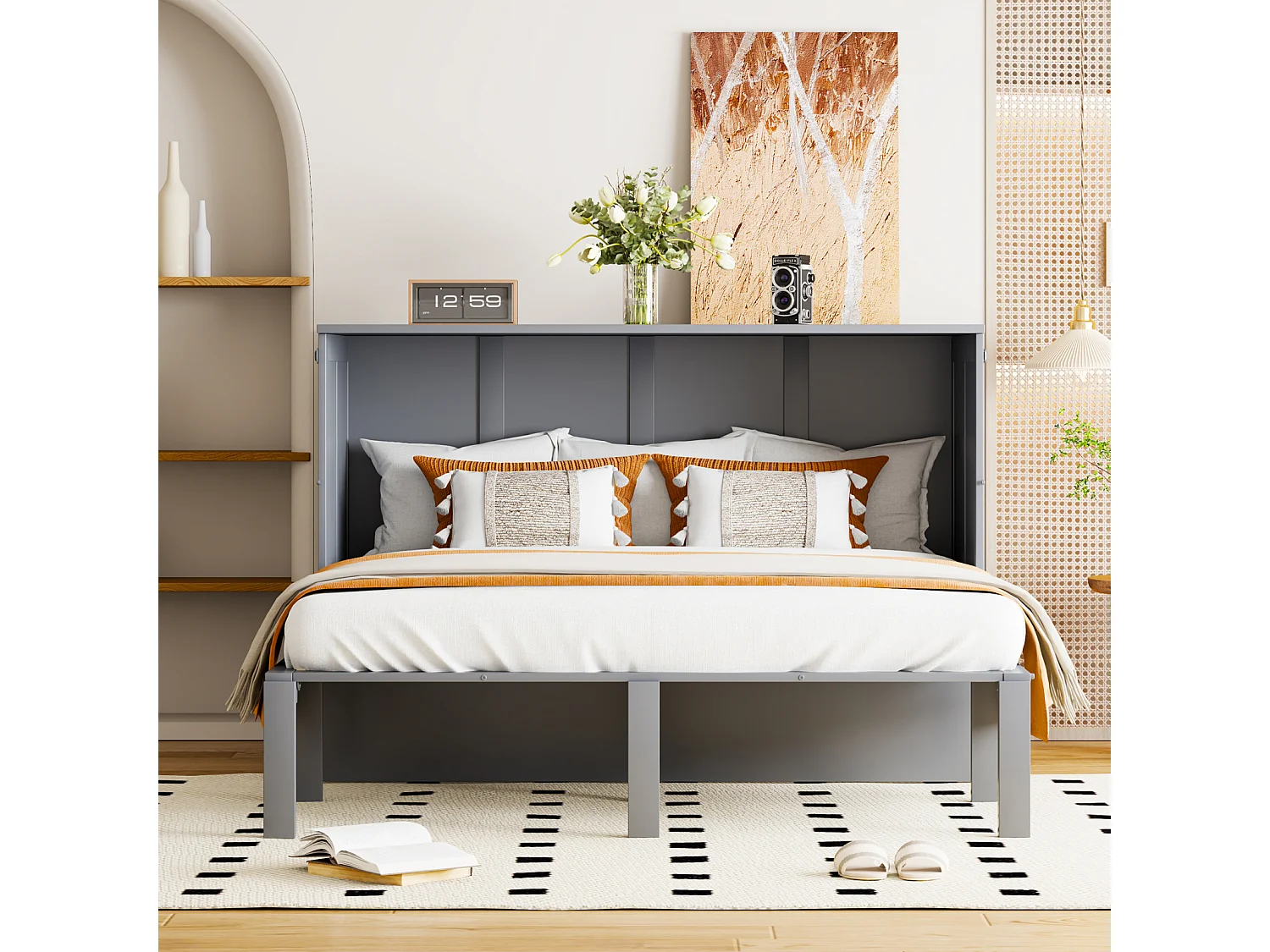 Cama retráctil 140x200 cm, con somier, cama plegable abatible, dimensiones después del plegado: 70x140cm, sin colchón, madera, gris