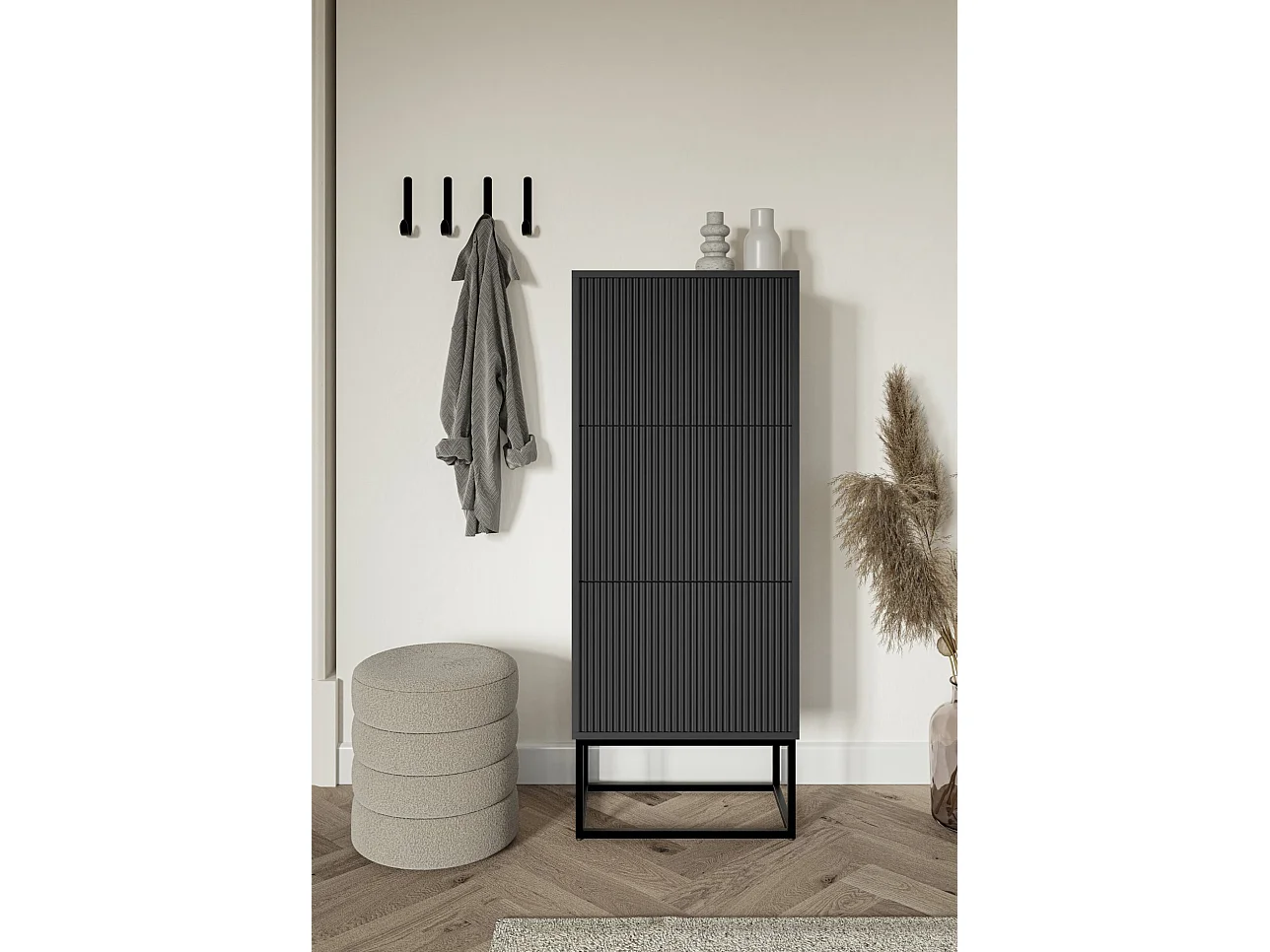 3-deurs schoenenkast - 50x30x125 cm - zwart met zwarte poten - VELDIO