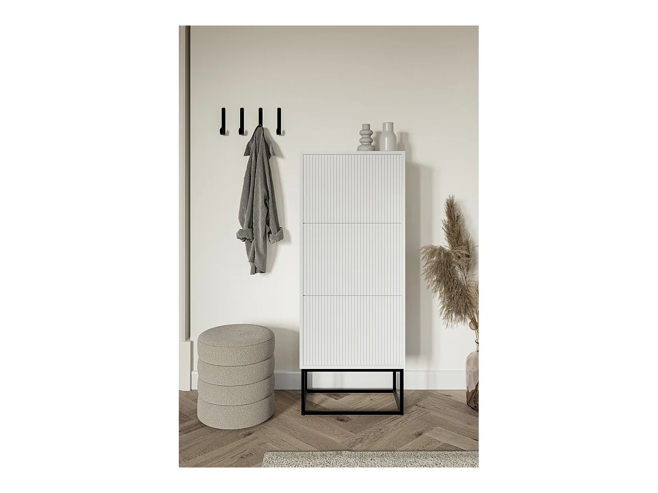 Meuble à chaussures - 3 portes - blanc - pieds noirs - 50x30x125 cm - VELDIO
