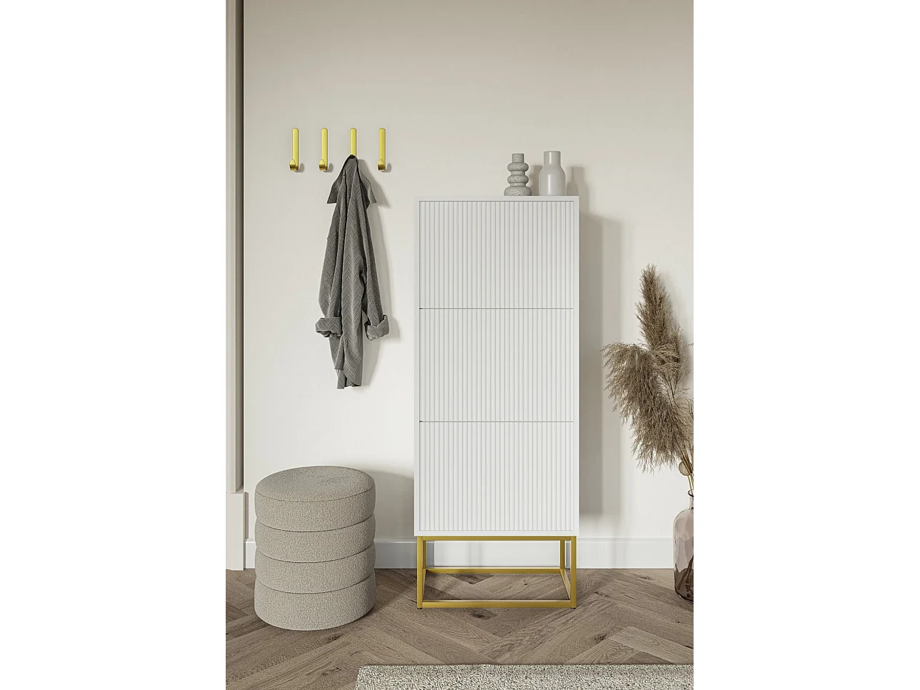 Schuhschrank mit 3 Klappen - Weiß mit goldenem Metallgestell - 50 cm - VELDIO