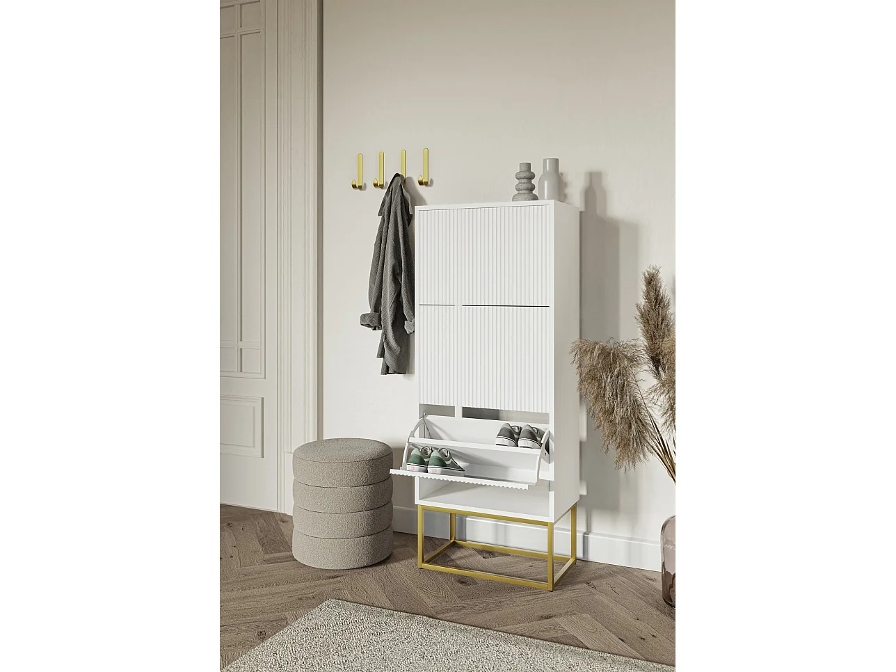 Schuhschrank mit 3 Klappen - Weiß mit goldenem Metallgestell - 50 cm - VELDIO