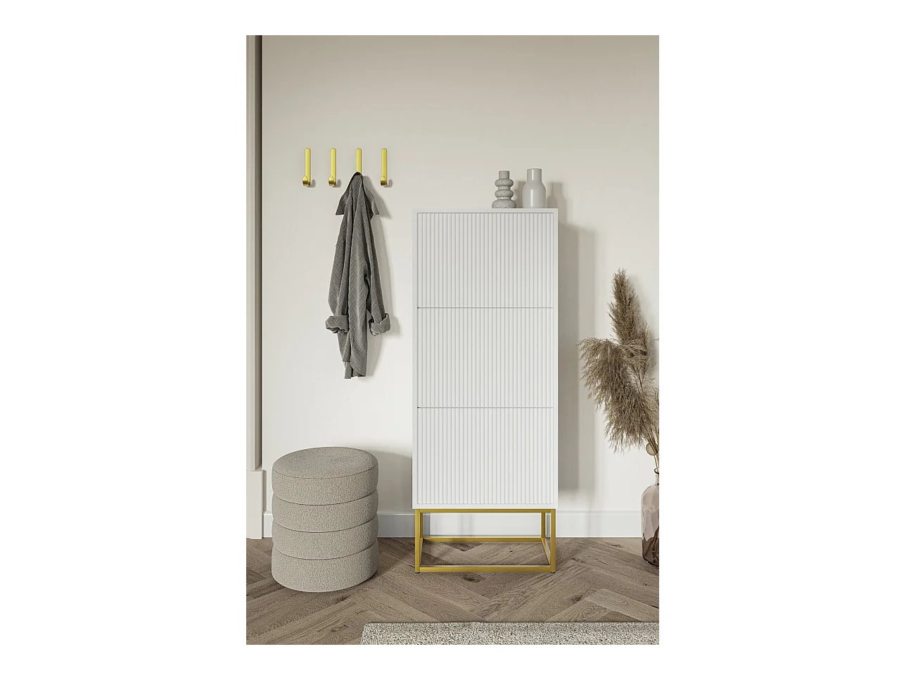 Meuble à chaussures - 3 portes - blanc - pieds dorés - 50x30x125 cm - VELDIO