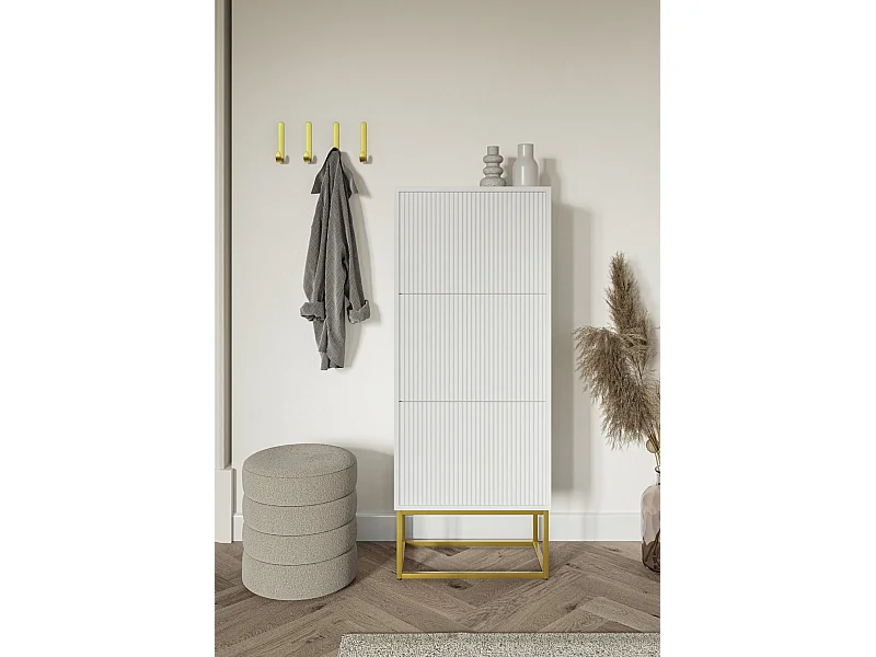 Meuble à chaussures - 3 portes - blanc - pieds dorés - 50x30x125 cm - VELDIO