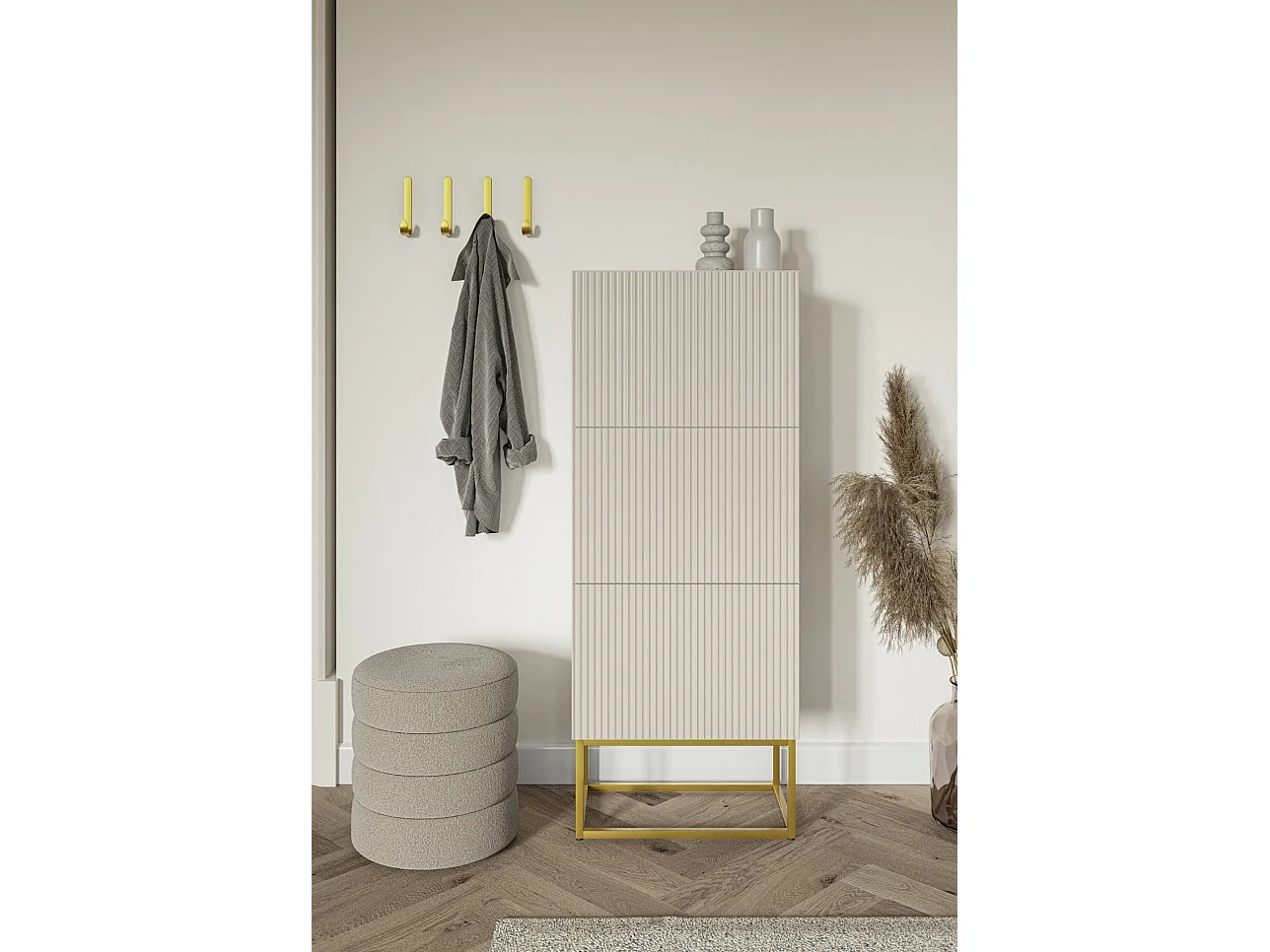 Schuhschrank mit 3 Klappen - Greige mit goldenem Metallgestell - 50 cm - VELDIO