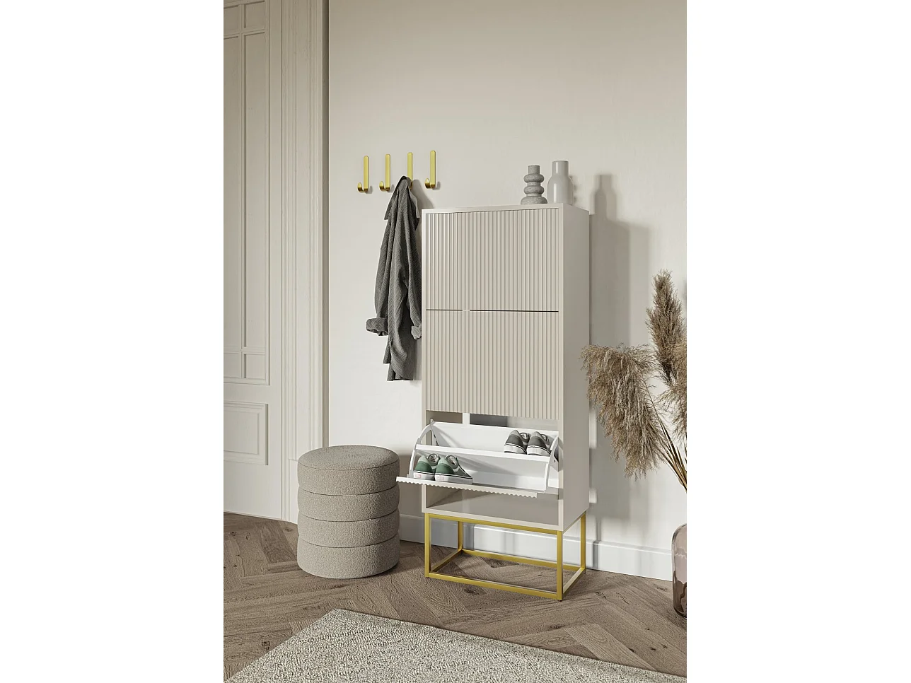 Schuhschrank mit 3 Klappen - Greige mit goldenem Metallgestell - 50 cm - VELDIO