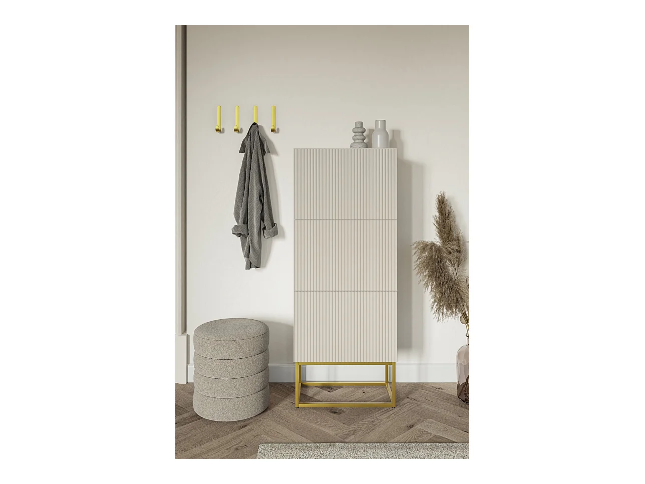 Meuble à chaussures - 3 portes - grège - pieds dorés - 50x30x125 cm - VELDIO