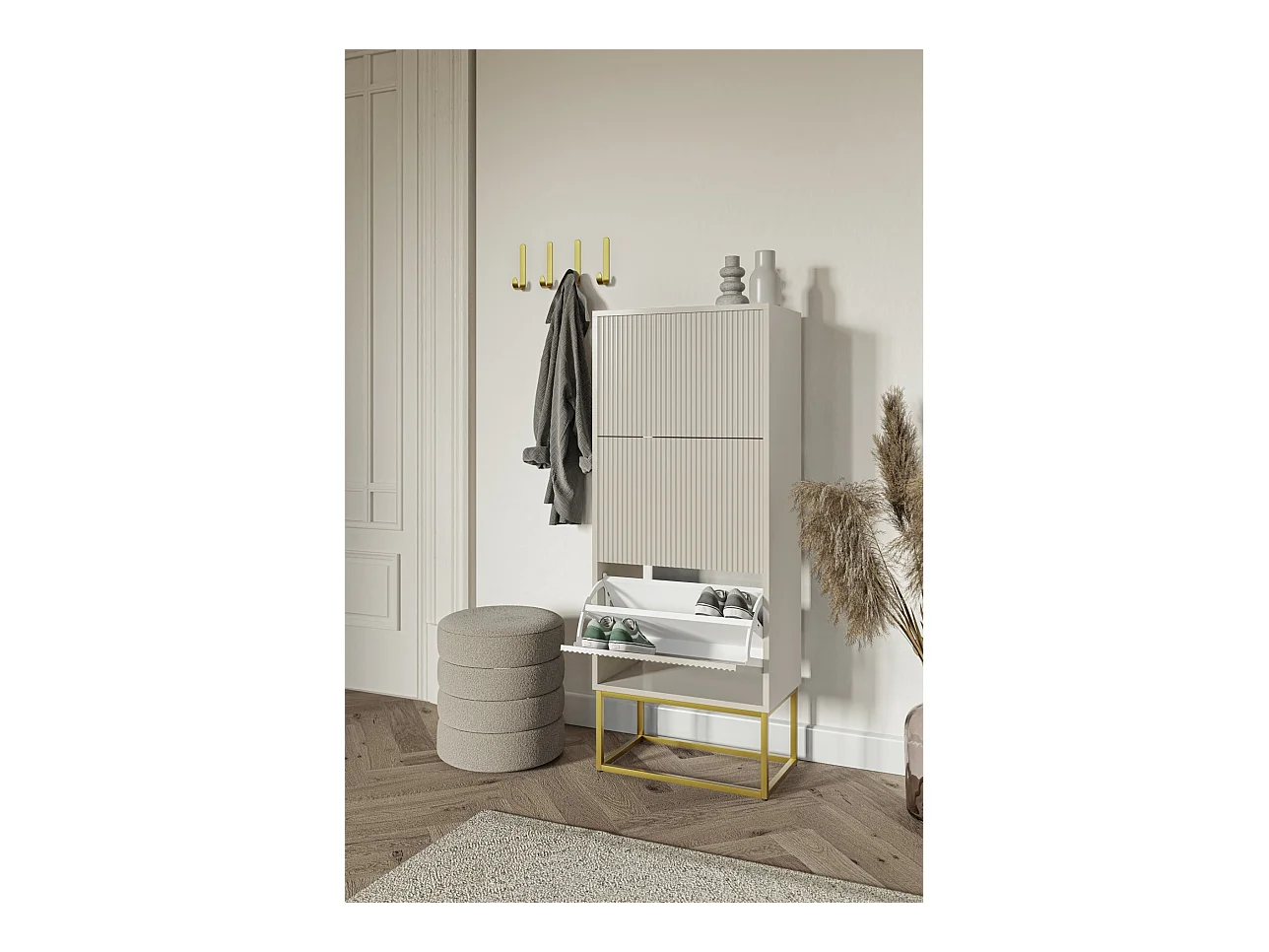 Meuble à chaussures - 3 portes - grège - pieds dorés - 50x30x125 cm - VELDIO
