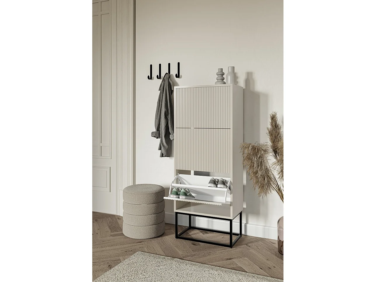 Schuhschrank mit 3 Klappen - Greige mit schwarzem Metallgestell - 50 cm - VELDIO