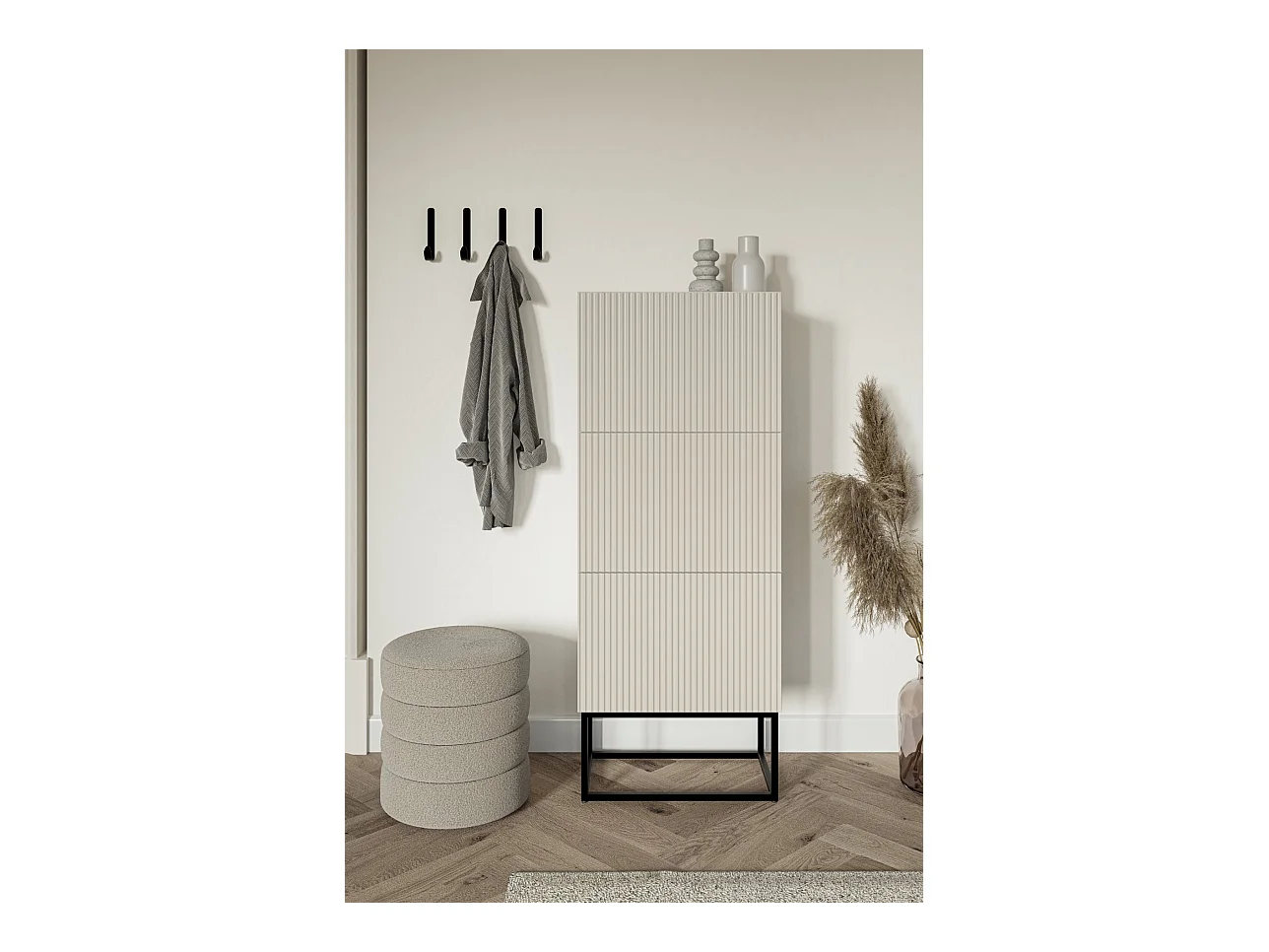 Meuble à chaussures - 3 portes - grège - pieds noirs - 50x30x125 cm - VELDIO