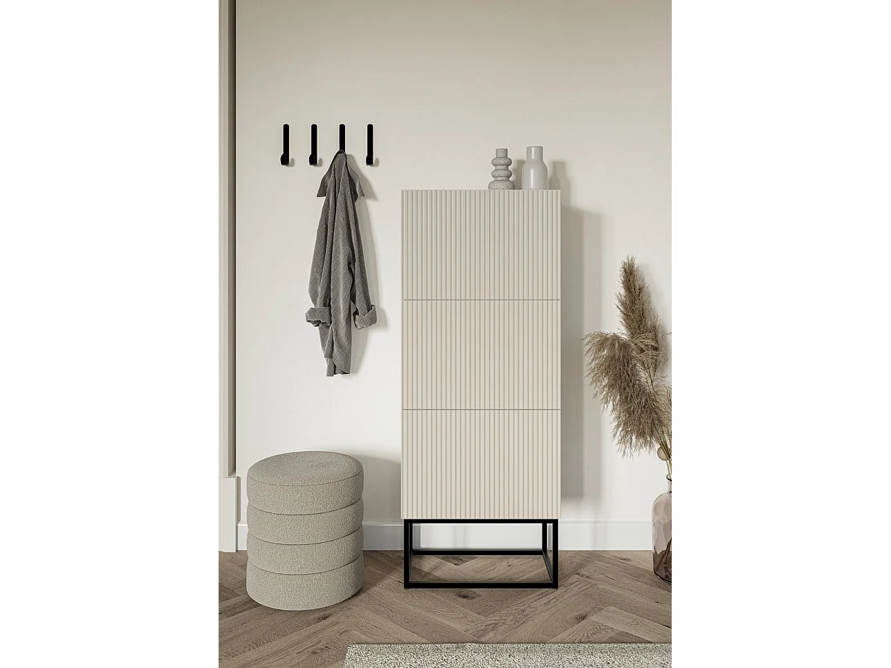 Meuble à chaussures - 3 portes - grège - pieds noirs - 50x30x125 cm - VELDIO