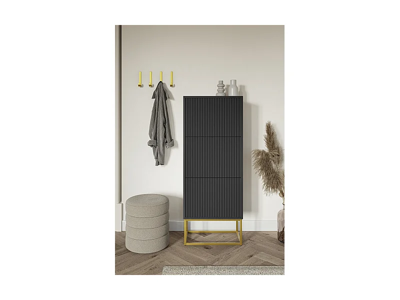 Schuhschrank mit 3 Klappen - Schwarz mit goldenem Metallgestell - 50 cm - VELDIO