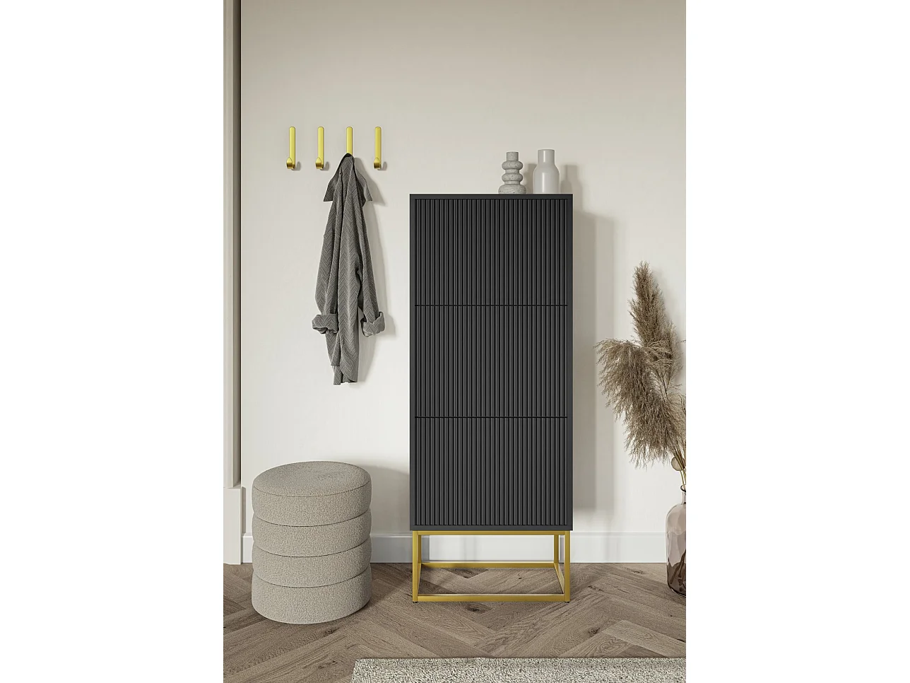 3-deurs schoenenkast - 50x30x125 cm - zwart met gouden poten - VELDIO