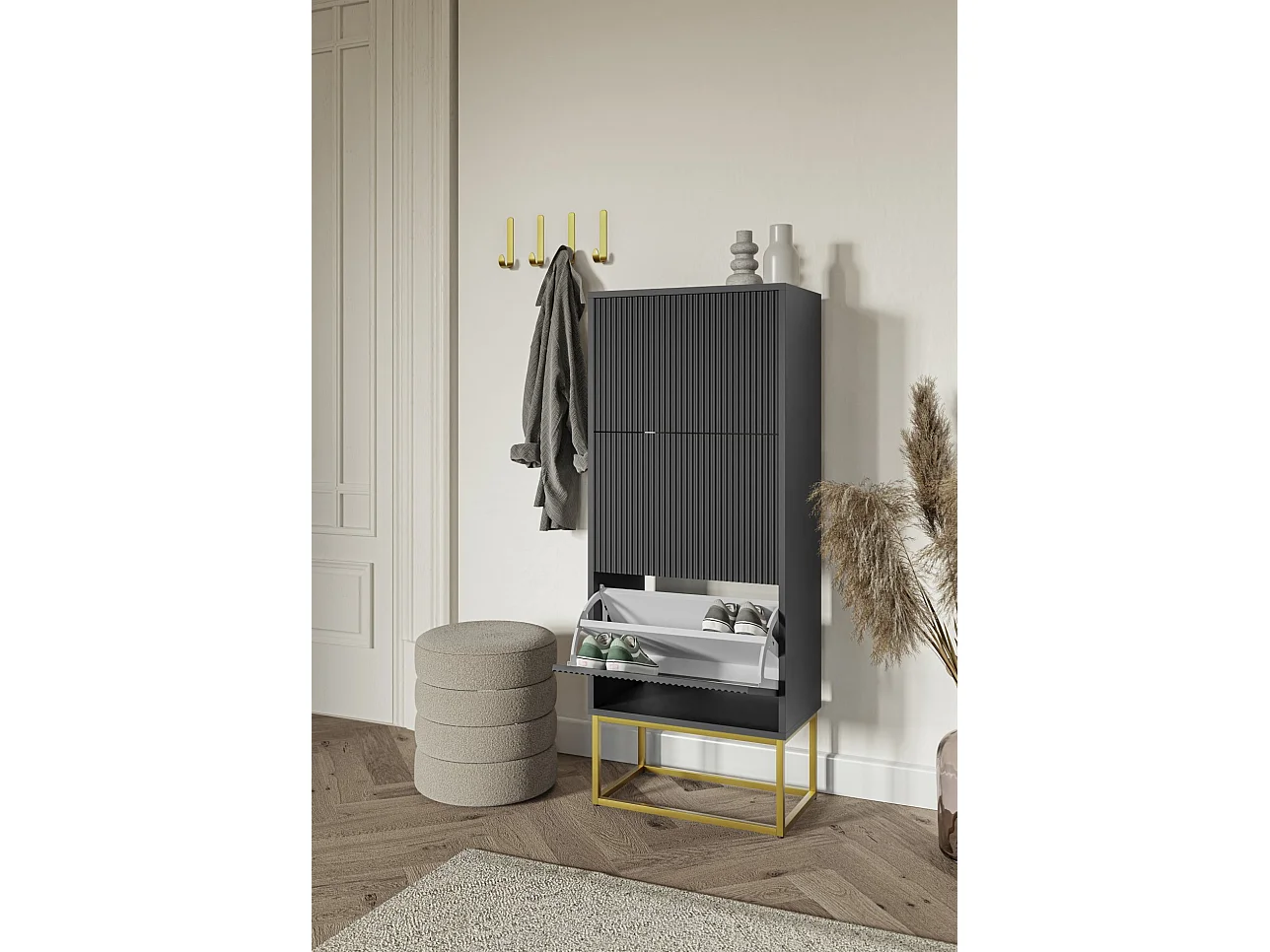 3-deurs schoenenkast - 50x30x125 cm - zwart met gouden poten - VELDIO