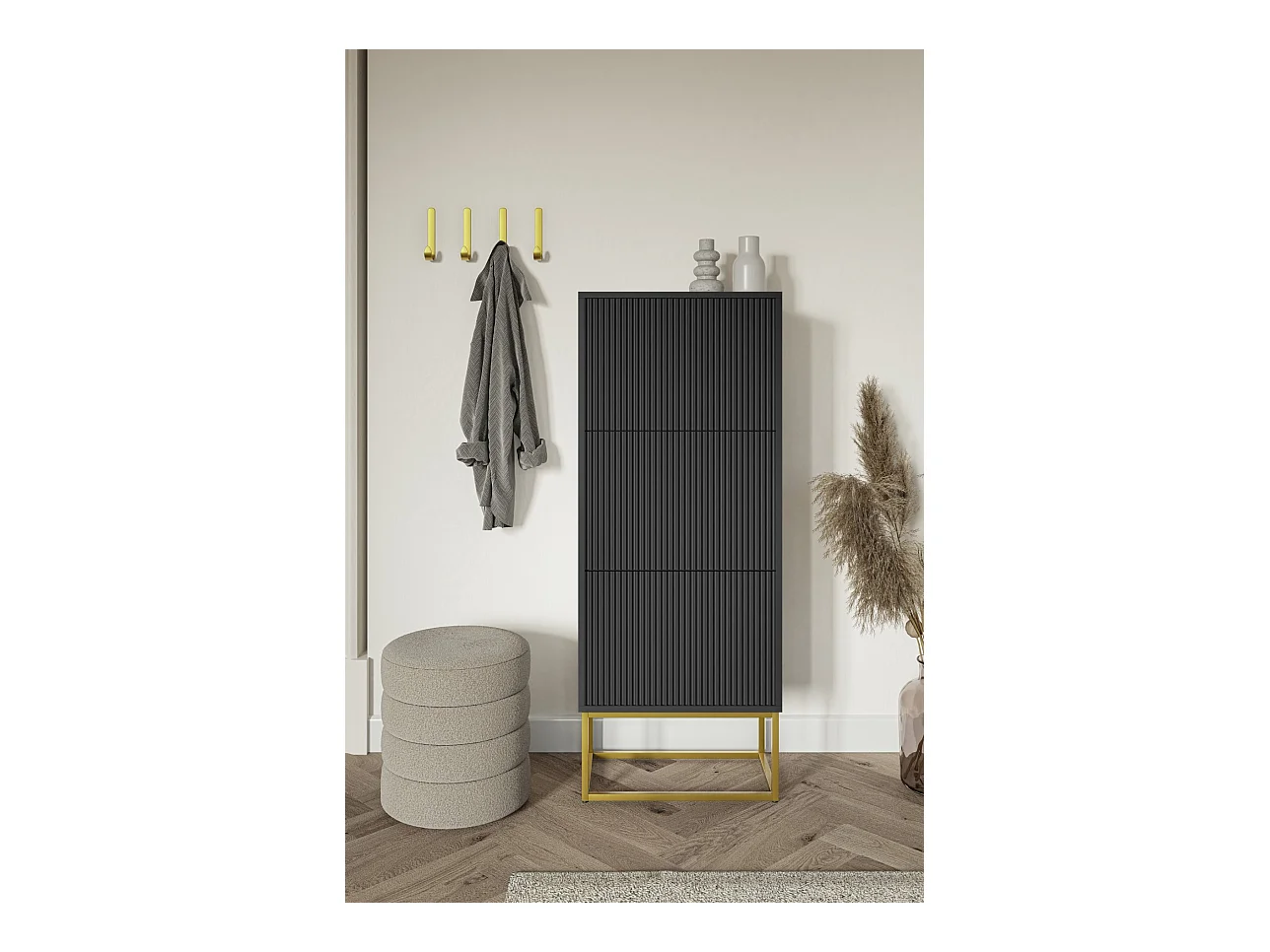 Meuble à chaussures - 3 portes - noir - pieds dorés - 50x30x125 cm - VELDIO