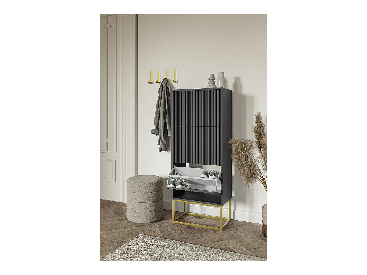 Meuble à chaussures - 3 portes - noir - pieds dorés - 50x30x125 cm - VELDIO