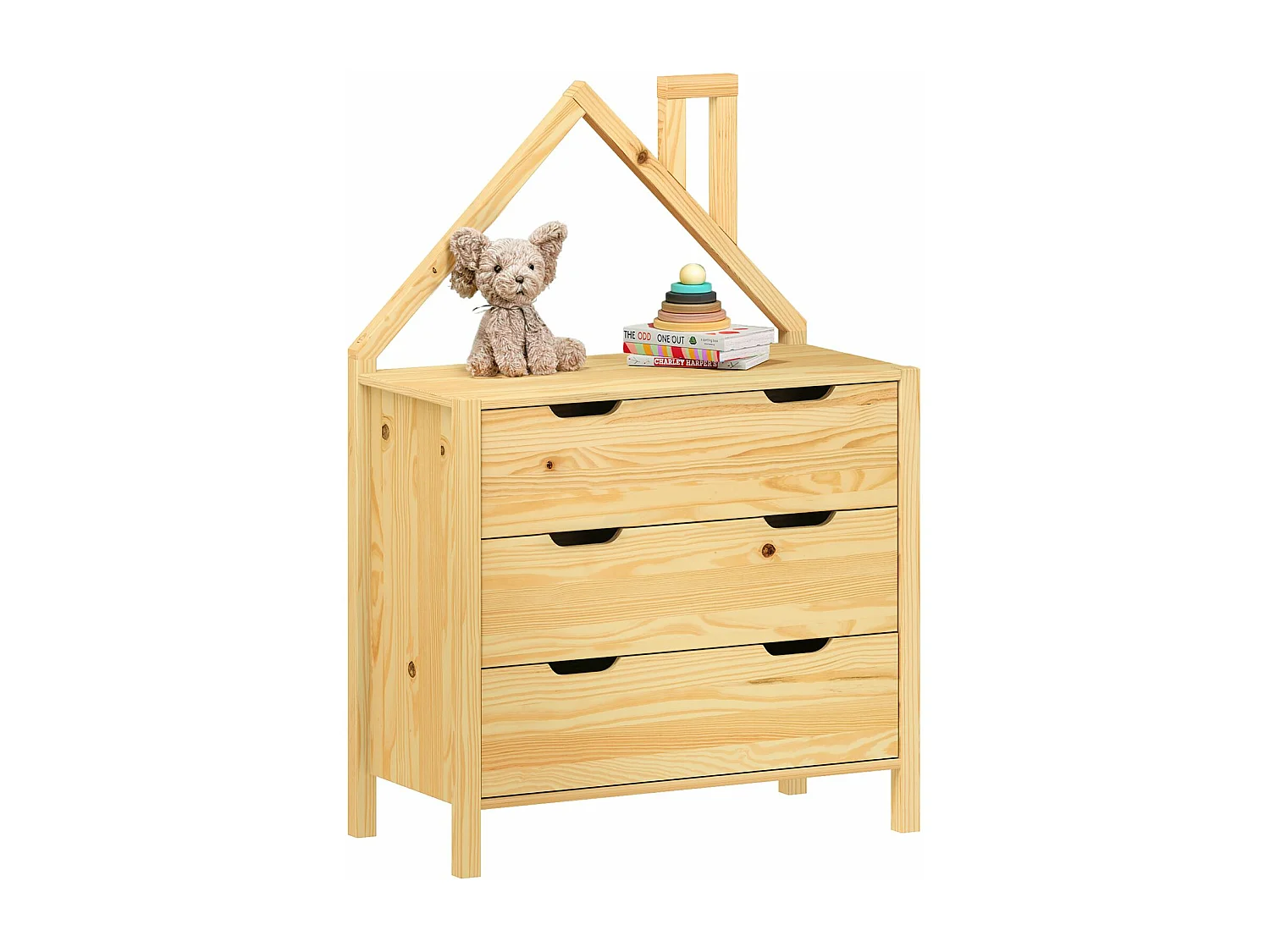 Commode Enfant ELANO en Bois Massif coloris naturel avec 3 Tiroirs de Rangement, 84 x 120 x 41 cm, Meuble Chambre