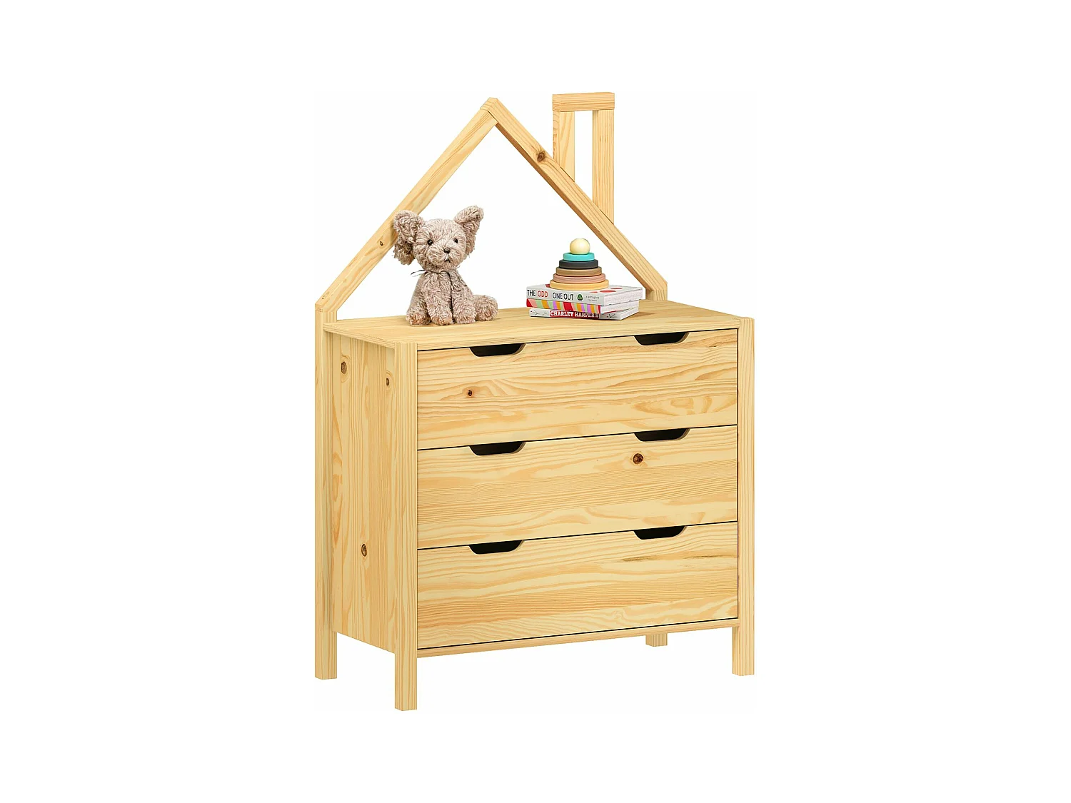Commode Enfant ELANO en Bois Massif coloris naturel avec 3 Tiroirs de Rangement, 84 x 120 x 41 cm, Meuble Chambre