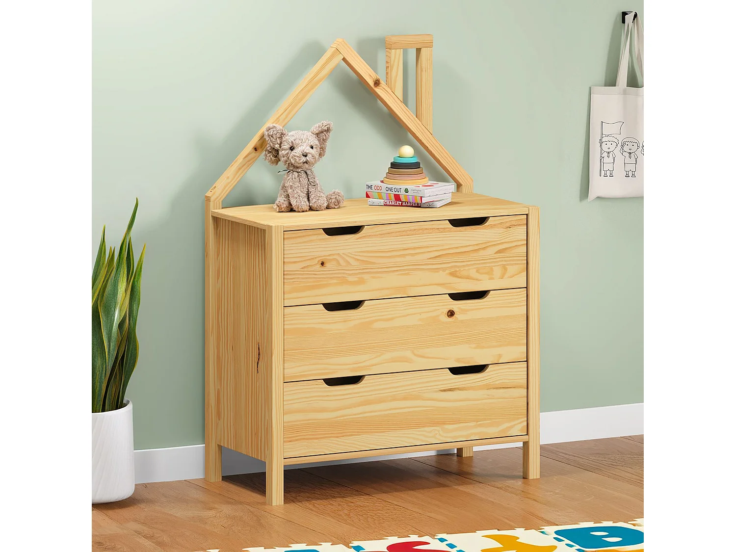 Commode Enfant ELANO en Bois Massif coloris naturel avec 3 Tiroirs de Rangement, 84 x 120 x 41 cm, Meuble Chambre