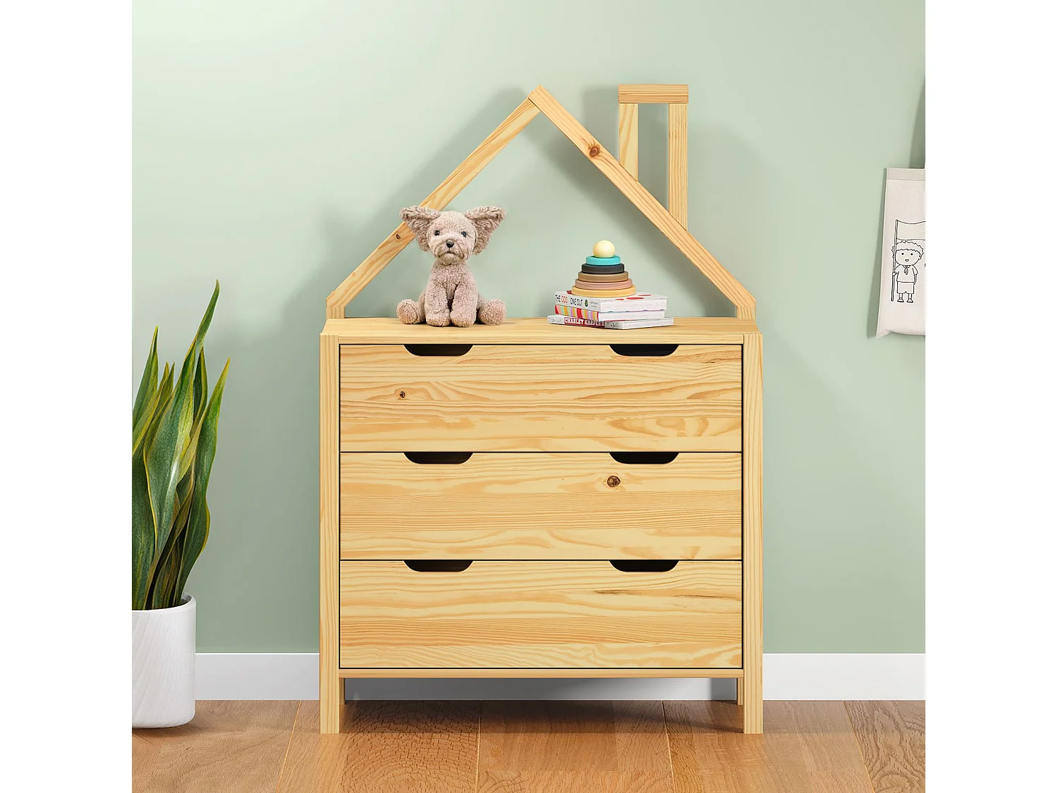 Commode Enfant ELANO en Bois Massif coloris naturel avec 3 Tiroirs de Rangement, 84 x 120 x 41 cm, Meuble Chambre