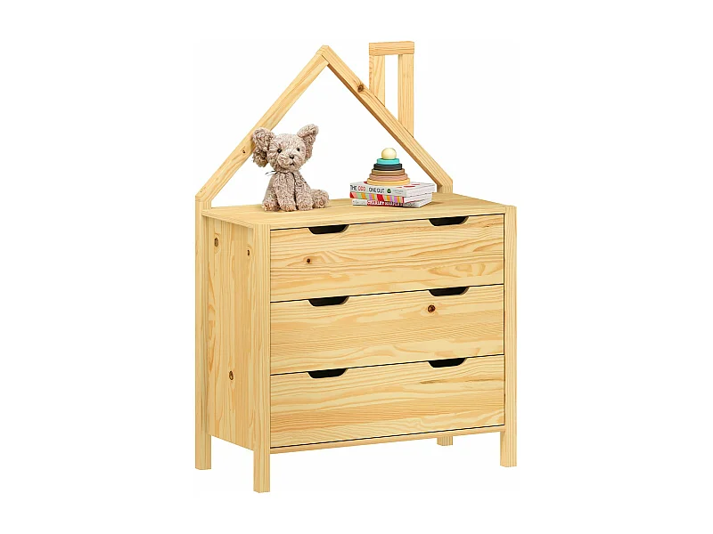 Commode Enfant ELANO en Bois Massif coloris naturel avec 3 Tiroirs de Rangement, 84 x 120 x 41 cm, Meuble Chambre