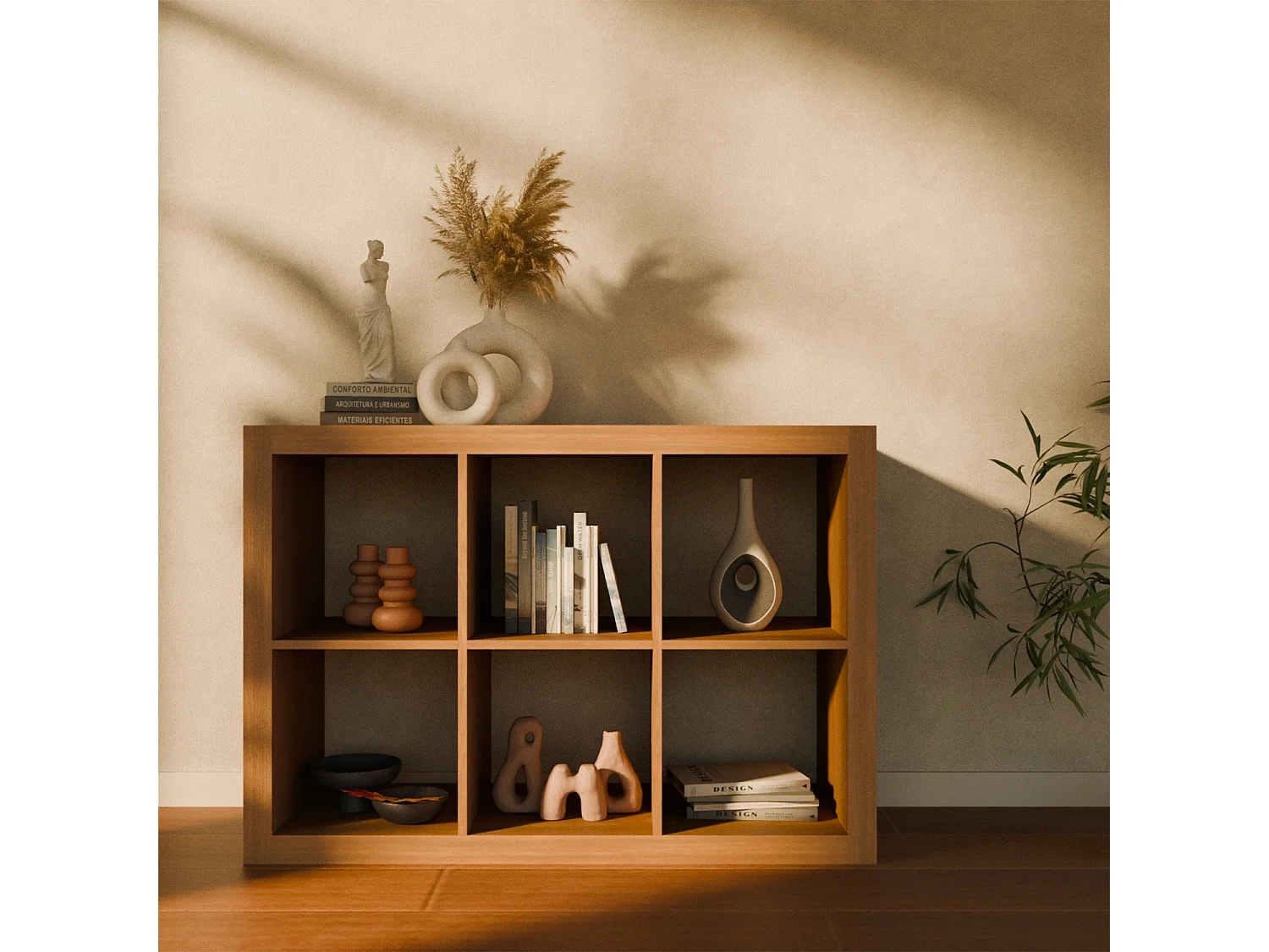 Libreria a 2 livelli con 6 scomparti, albero di mango