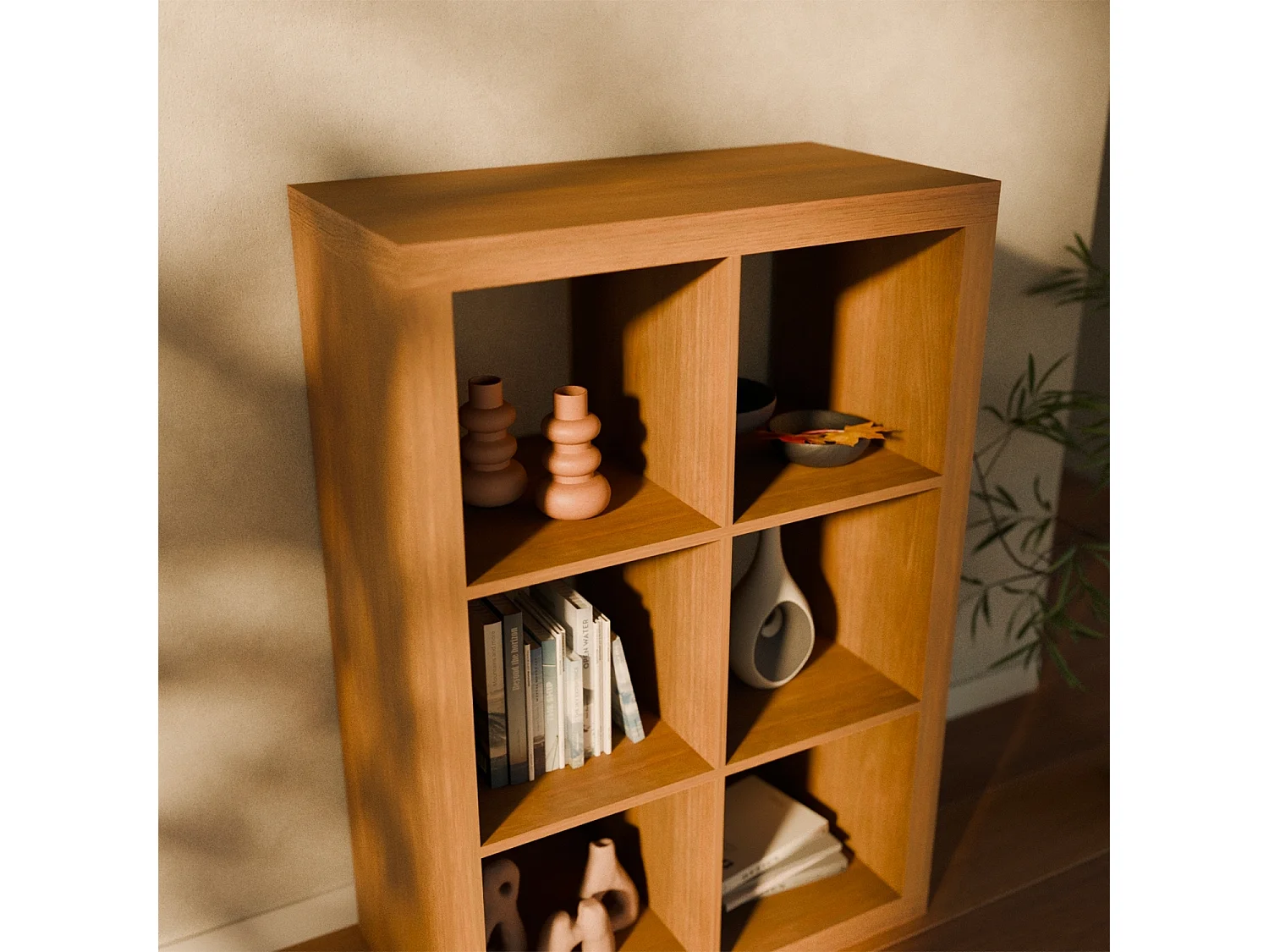 Libreria a 2 livelli con 6 scomparti, albero di mango