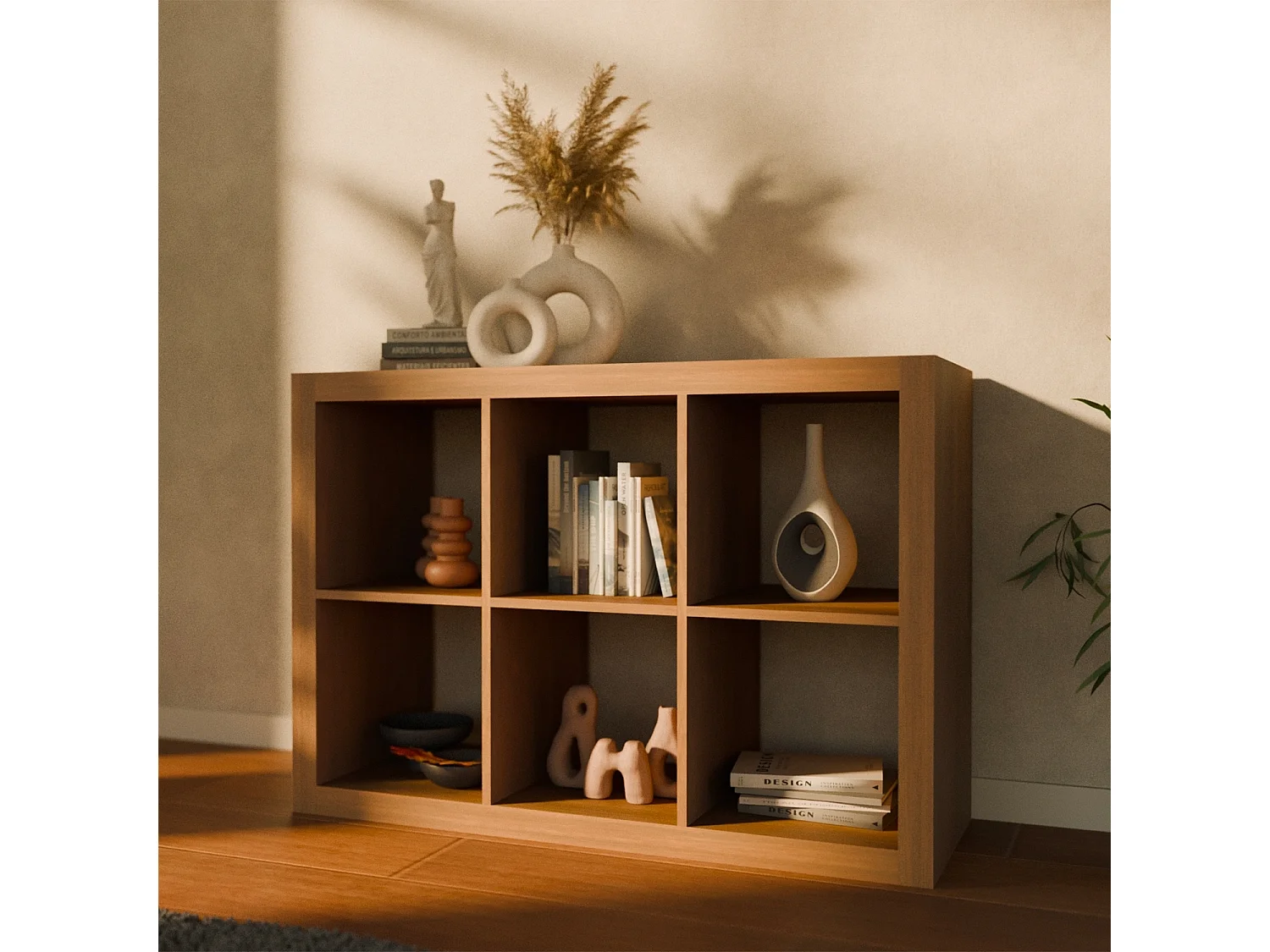 Etagère bibliothèque 2 niveaux 6 compartiments. casiers. effet bois de manguier. L 111.2 x P 39 x H 76cm