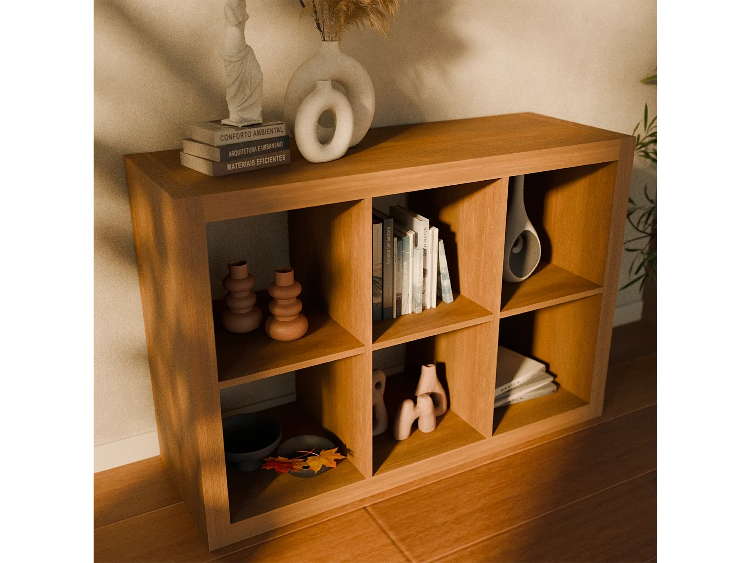 Etagère bibliothèque 2 niveaux 6 compartiments. casiers. effet bois de manguier. L 111.2 x P 39 x H 76cm