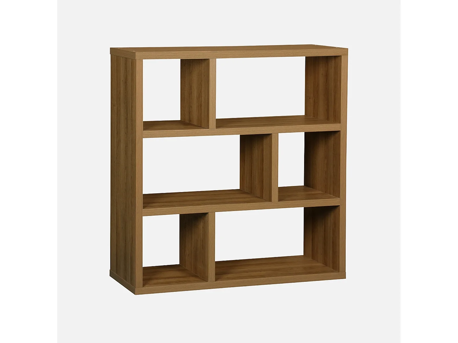 Estantería asimétrica de 3 niveles con 6 compartimentos efecto madera