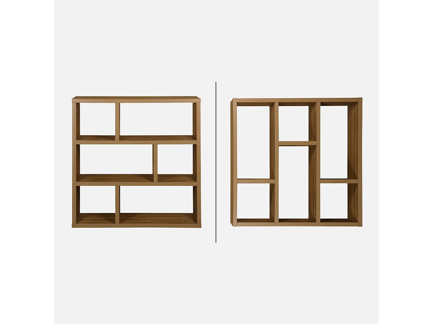 Estantería asimétrica de 3 niveles con 6 compartimentos efecto madera