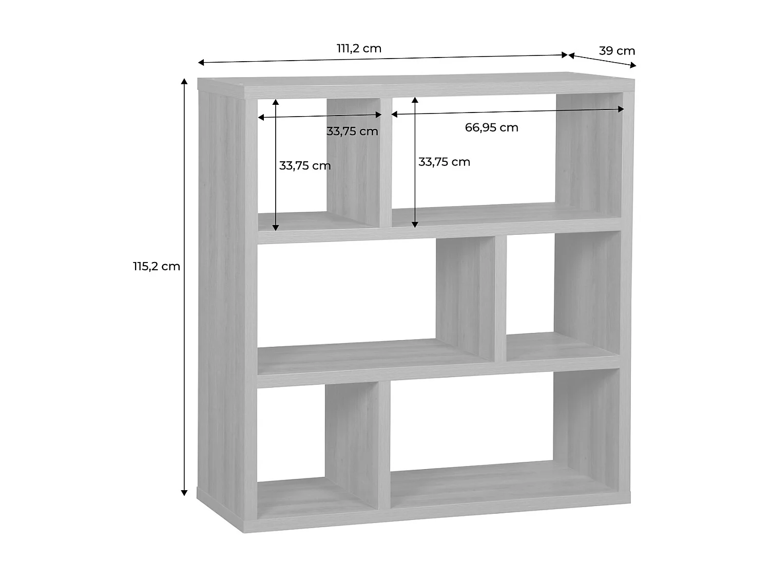 Estantería asimétrica de 3 niveles con 6 compartimentos efecto madera